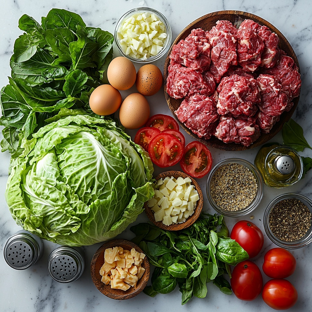 A clean, bright kitchen countertop with all ingredients for oven-baked cabbage burgers neatly arranged in a visually appealing flat lay. A large head of fresh green cabbage with crisp, slightly glossy leaves separated and laid out in a fan shape. Next to it, a small wooden bowl filled with raw ground beef showcasing rich red and slightly marbled texture. A glass bowl with finely chopped white onion, alongside a small dish of minced garlic cloves. A single large brown egg placed nearby with smooth shell. A small white bowl overflowing with shredded cheddar cheese, bright yellow-orange and fluffy. A tiny ramekin of mixed Italian seasoning, with visible dried herbs in green and brown tones. Small salt and pepper shakers with coarse textures. For the optional toppings: vibrant red sliced tomatoes arranged in a perfect circle, fresh green lettuce leaves with ruffled edges stacked neatly, and a few glossy green pickles sliced lengthwise on a small dish. To the side, small glass jars of smooth, creamy mustard and mayonnaise with their textures visible. The surface is pristine white marble with soft natural light casting gentle shadows, emphasizing the freshness and variety of colors and textures. Fresh herbs scattered lightly for added styling flair. Overhead shot, top down view, flat lay photography, professional food styling --ar 1:1 --q 2 --s 750 --v 6.1