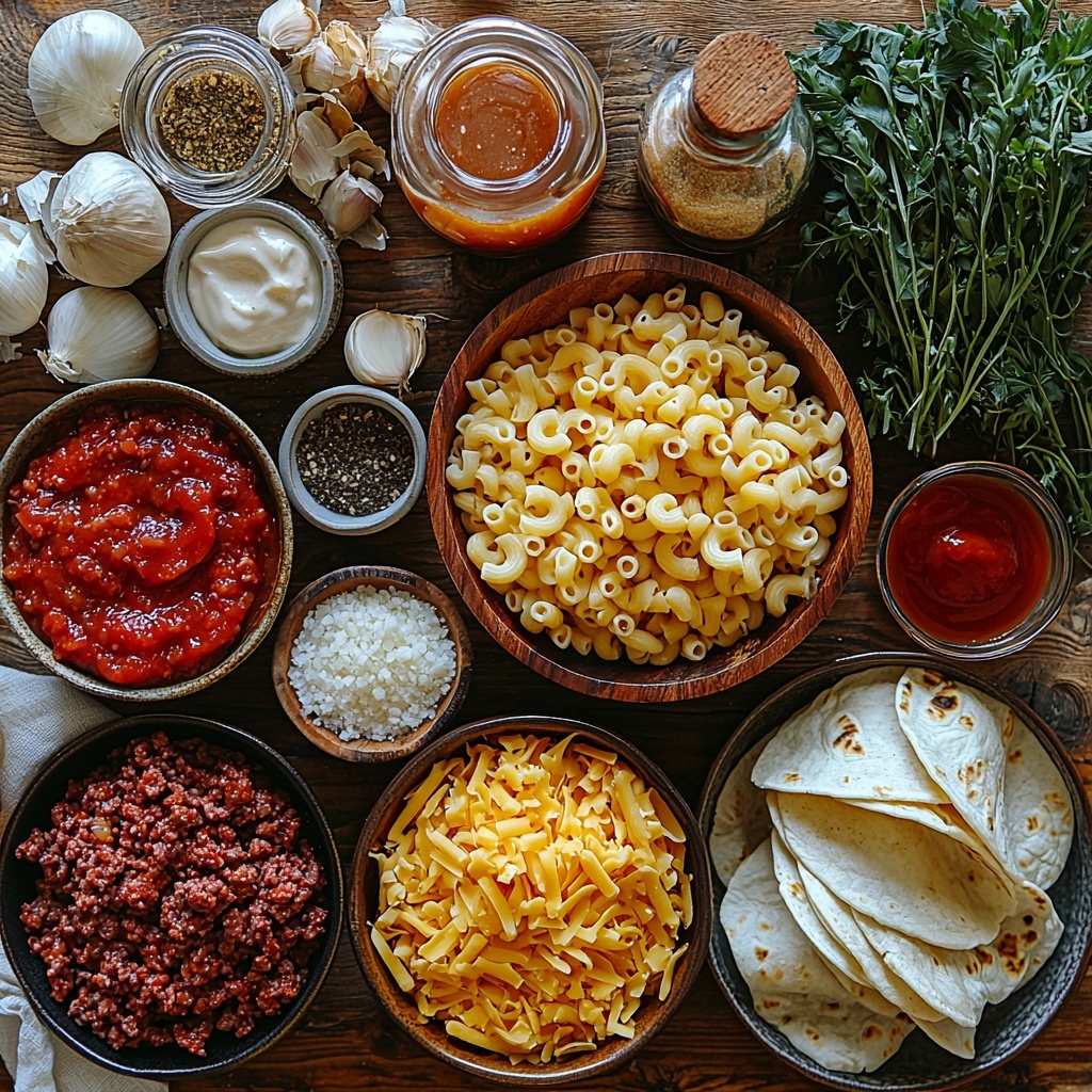 A clean, bright surface featuring the main ingredients for Sloppy Joe Mac and Cheese Wraps artfully arranged in a flat lay style: a small bowl of raw ground beef with rich red tones and marbled texture; a wooden spoon with golden olive oil glistening; a small mound of finely chopped translucent white onion; two garlic cloves, peeled and whole; a small dish containing vibrant red ketchup; a spoonful of thick, deep red tomato paste; a small bottle or dish with dark Worcestershire sauce; a heap of light brown granulated brown sugar; a small pile of reddish-brown smoked paprika powder; coarse salt crystals and freshly cracked black peppercorns scattered lightly; a bowl of cooked macaroni pasta, pale yellow and slightly glossy; shredded sharp cheddar cheese in bright orange-yellow clusters; a small measuring cup with creamy white whole milk; several large, soft, off-white flour tortillas stacked neatly; and a small dish with golden melted butter or oil. The ingredients are spaced evenly with natural shadows and soft, diffused lighting highlighting the varied textures—from the smoothness of the liquids to the crumbly cheese and tender pasta—on a neutral, textured surface such as light wood or stone. The composition emphasizes harmony and balance with rustic, homey styling, enhanced by minimal props like a linen napkin and wooden utensils for warmth and authenticity. overhead shot, top down view, flat lay photography, professional food styling --ar 1:1 --q 2 --s 750 --v 6.1