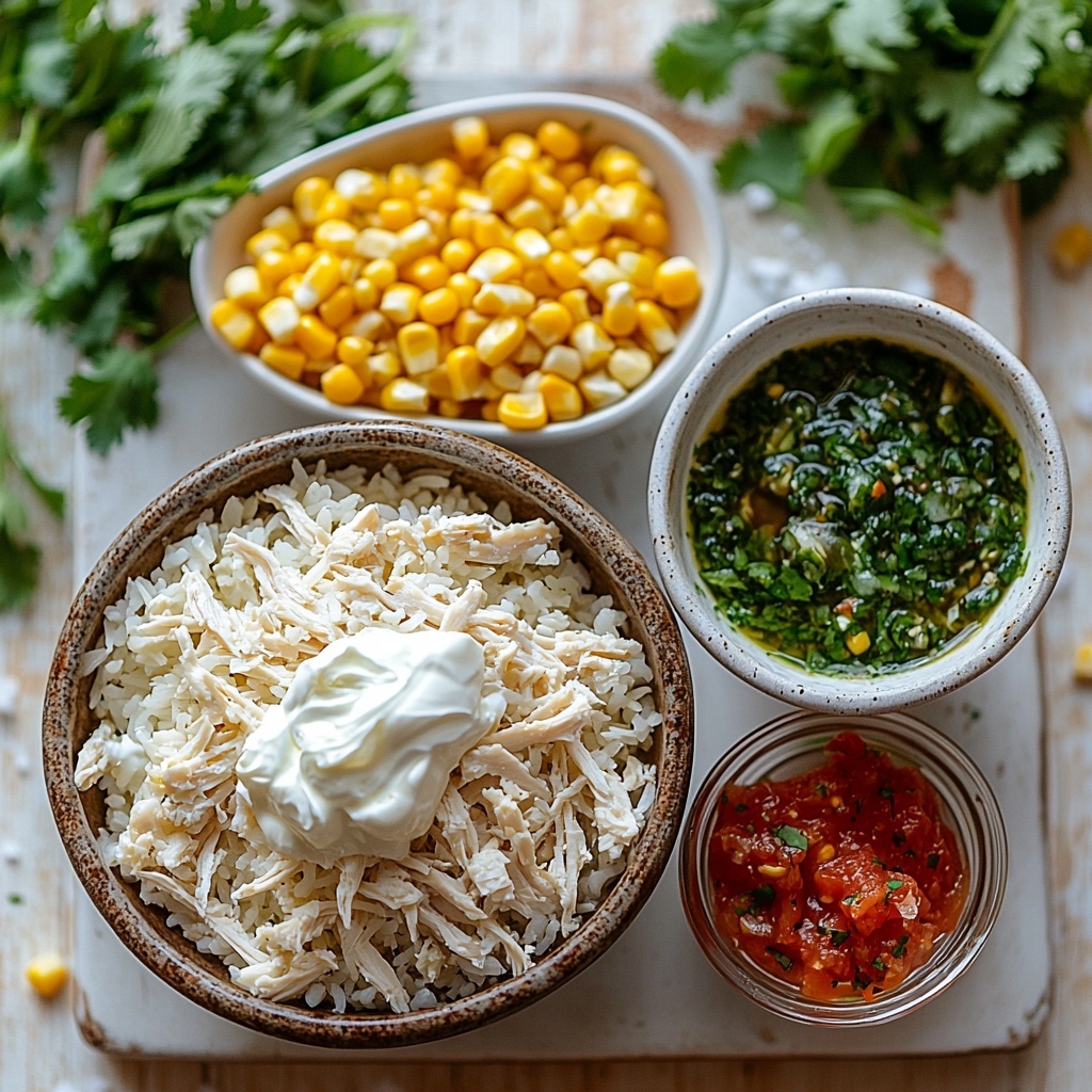 shredded cooked chicken in a small rustic bowl, fluffy cooked white rice neatly fluffed on a white ceramic plate, a vibrant green bowl filled with bright salsa verde, smooth creamy sour cream in a small glass ramekin, a pile of shredded Monterey Jack cheese with soft texture, golden yellow canned corn kernels in a mini white bowl, a small clear dish of glossy olive oil, scattered grains of salt and cracked black pepper flakes on the light surface, fresh chopped cilantro leaves loosely spread for color contrast; all ingredients arranged carefully on a clean, light-colored wooden surface with natural soft daylight highlighting the varied textures and vibrant colors, subtle shadows for depth, minimal props focusing on freshness and simplicity, styled to evoke inviting, home-cooked warmth, overhead shot, top down view, flat lay photography, professional food styling --ar 1:1 --q 2 --s 750 --v 6.1