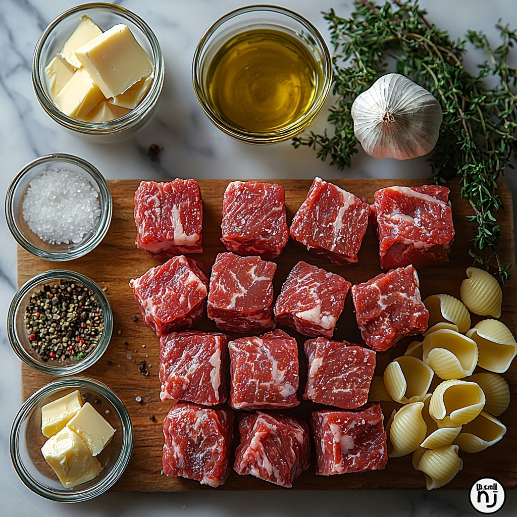 sirloin steak cubes raw, fresh thyme sprigs with small green leaves, whole garlic bulbs and minced garlic cloves, golden melted butter in a small glass bowl, smooth heavy cream in a white ceramic container, grated Parmesan cheese piled on a wooden board, uncooked shell pasta scattered in clusters, small bowls with olive oil and mixed smoked paprika, salt and black pepper in tiny glass dishes, fresh chopped parsley bright green on a white plate, all ingredients carefully arranged on a clean white marble surface with natural light enhancing textures and vibrant colors, rustic wooden spoon and small herb sprigs placed as accents, subtle shadows for depth, overhead shot, top down view, flat lay photography, professional food styling --ar 1:1 --q 2 --s 750 --v 6.1