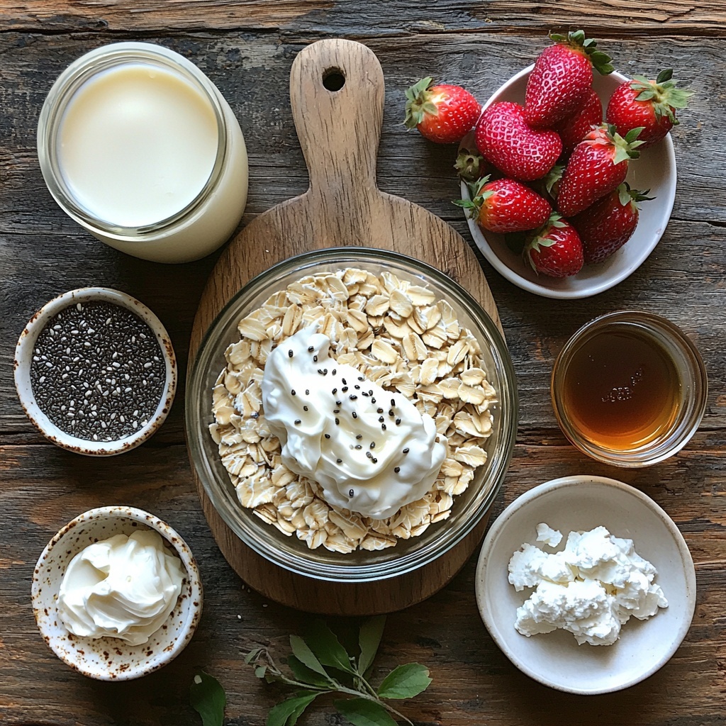 Rolled oats in a small glass bowl with visible texture, a half cup of creamy milk (dairy or almond) in a clear measuring cup, a dollop of thick plain or vanilla Greek yogurt in a white ramekin, soft cream cheese spread on a small wooden board, vanilla protein powder in a neat scoop on a rustic ceramic plate, a small white dish filled with tiny black chia seeds, honey or maple syrup in a delicate drizzling jar with golden amber tones, bright red chopped fresh strawberries arranged in a neat pile on a white porcelain plate, a tiny heap of fine vanilla extract in a tiny glass vial, and a pinch of salt displayed as fine white grains on a dark slate tile. All ingredients thoughtfully spaced on a clean natural wood surface with soft natural light casting gentle shadows, vibrant colors and varied textures highlighted for richness and freshness. Minimalist styling with a cozy, inviting feel, some small green leaves for color contrast. Overhead shot, top down view, flat lay photography, professional food styling --ar 1:1 --q 2 --s 750 --v 6.1