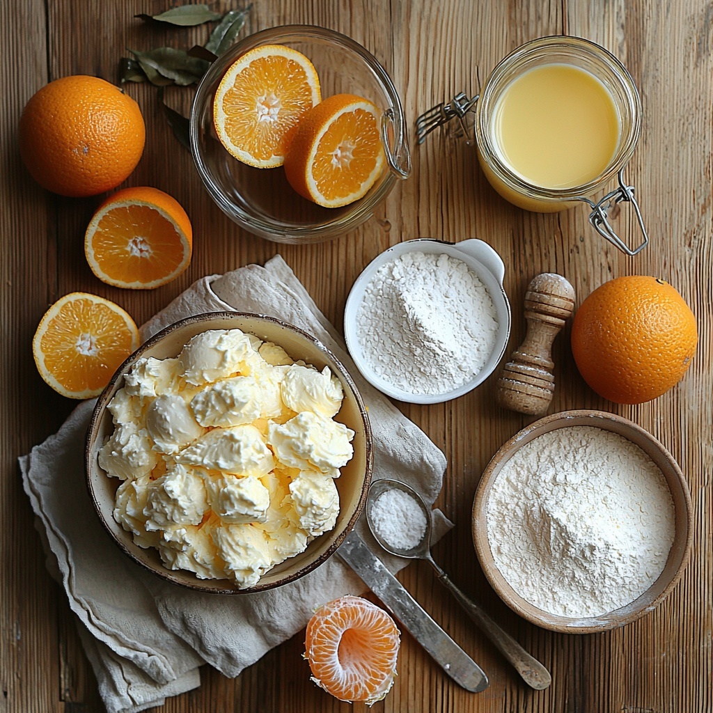 4 large whole eggs in their natural brown shells arranged in a neat cluster, a small glass bowl filled with bright granulated sugar crystals, a pristine white ramekin holding fresh vibrant orange zest curls, a small glass jug of pale golden orange juice, a vintage silver spoon resting atop soft white powdered sugar dusted on a delicate kitchen towel, a mound of smooth cream cheese with a silver butter knife beside it, a clear glass bowl of fluffy thick heavy whipping cream, a small ceramic bowl with fine all-purpose flour, a tiny wooden scoop of baking powder, a pinch of fine salt crystals in a mini dish, and a few fresh whole oranges and orange halves adding fresh citrus color; all ingredients thoughtfully arranged on a clean, neutral light wooden surface with natural daylight casting soft, even shadows; subtle styling accents include a linen napkin partially under the powdered sugar towel, gentle texture contrasts between smooth dairy ingredients and granular powders, pops of bright orange zest and juice providing vivid color highlights against creamy whites and warm browns, minimalistic and airy composition showcasing each element clearly with a balanced, harmonious layout; overhead shot, top down view, flat lay photography, professional food styling --ar 1:1 --q 2 --s 750 --v 6.1