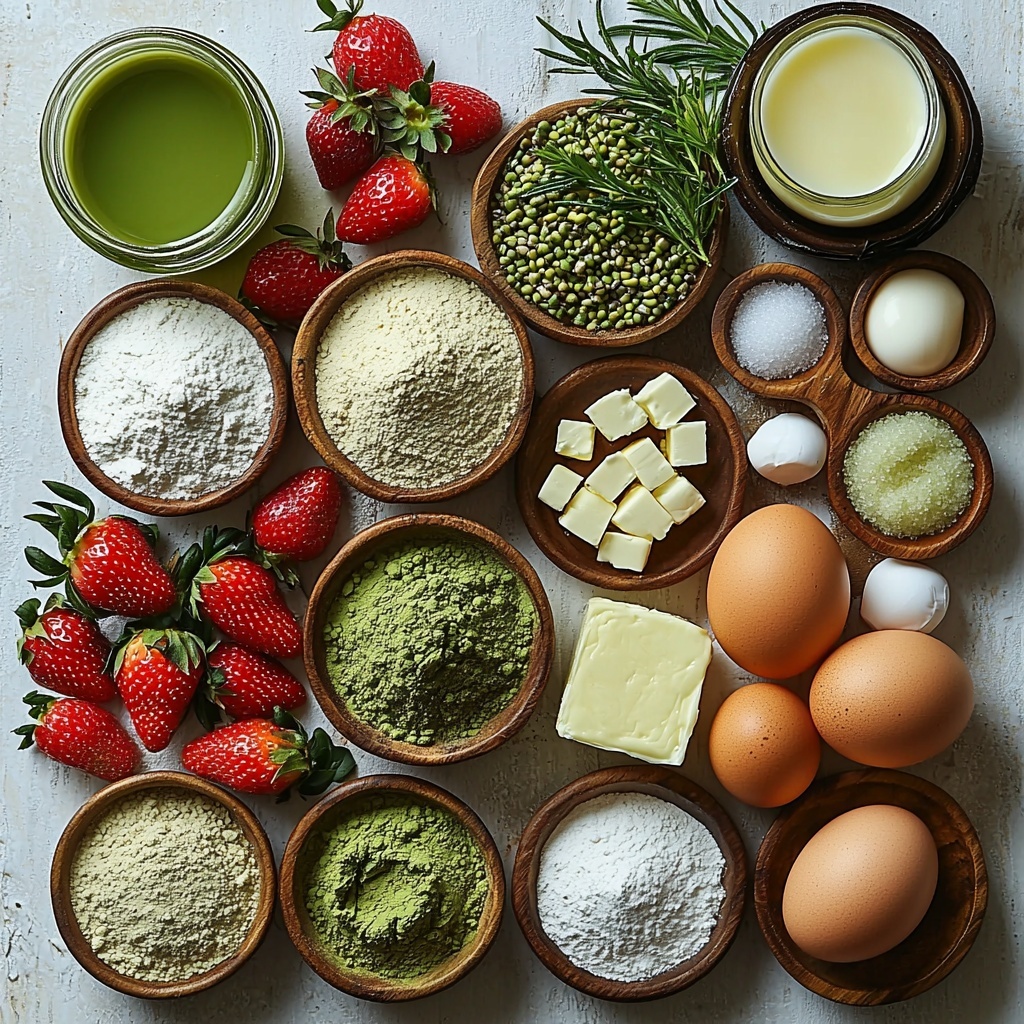 A clean, bright flat lay of all main ingredients for a matcha layer cake with strawberry filling and Swiss meringue buttercream arranged neatly on a smooth white surface. Display a small rustic bowl of vibrant green matcha powder with fine texture, next to a heap of pale ivory all-purpose flour with a slight dusting around it. Near them, place measuring spoons filled with white baking powder, baking soda, and a small pinch of salt. Include a vintage glass jar of granulated sugar sparkling under soft light, alongside several large brown eggs with smooth shells and a small dish of golden vanilla extract. Arrange a block of creamy, pale yellow unsalted butter, some softened and some cubed, on a wooden cutting board for texture contrast. Show a small jug of fresh, white buttermilk with a subtle creamy surface. Include a bowl of fresh, bright red chopped strawberries with green stems removed, alongside a small bowl of granulated sugar, a lemon wedge for juice, and a tiny bowl of translucent cornstarch slurry. Add a clear glass bowl containing glossy whipped egg whites with sugar syrup for the Swiss meringue, next to soft cubes of butter ready to be mixed. The ingredients are spaced evenly with natural shadows and subtle reflections emphasizing their textures—from powdery to creamy to glossy—enhanced by diffused natural daylight. The overall composition is clean, minimalistic, and inviting, with a harmonious color palette of green, white, red, and soft yellow hues. overhead shot, top down view, flat lay photography, professional food styling --ar 1:1 --q 2 --s 750 --v 6.1