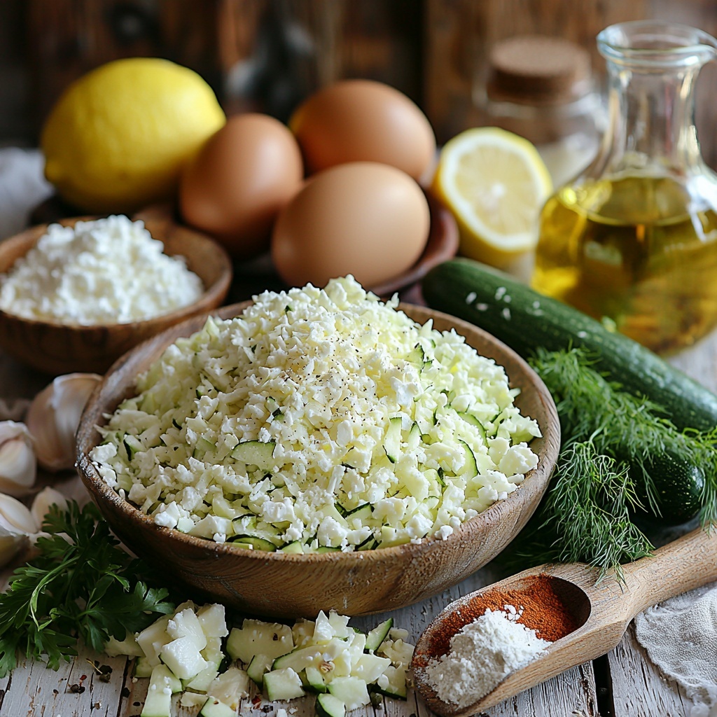 Grated fresh green zucchinis in a small rustic bowl, crumbled creamy white feta cheese loosely scattered nearby, a neat pile of pale beige all-purpose flour on a wooden spoon, finely grated Parmesan cheese arranged in a small heap showing its granular texture, two large brown eggs with smooth shells placed side by side, chopped vibrant green onions in a small white dish, a small wooden bowl filled with light brown garlic powder, tiny piles of black pepper and bright red paprika powders artistically sprinkled for color contrast, a clear glass bottle of golden olive oil with a slight sheen, a small bowl of thick creamy white Greek yogurt, a fresh lemon cut in half showing bright yellow juicy flesh, sprigs of fresh green dill with delicate feathery leaves, all carefully spread out on a clean, light-colored wooden surface with natural soft daylight casting gentle shadows, minimal rustic props like a linen napkin and wooden spoons to add texture balance, colors vibrant and natural, focus on contrasting textures and freshness, overhead shot, top down view, flat lay photography, professional food styling --ar 1:1 --q 2 --s 750 --v 6.1