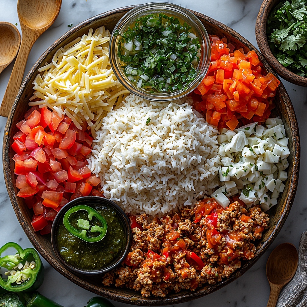 avocado oil in small glass bowl, raw ground chicken portion in rustic ceramic dish, chopped red bell pepper vibrant red piles, diced white onion translucent white mound, finely chopped fresh green jalapeño slices, small spoons with garlic powder, chili powder, ground cumin, and kosher salt in neat piles, fluffy cooked white rice heap, small bowl of bright green salsa verde, spoonful of smoky chipotle sauce with rich reddish-brown color, shredded cheddar cheese bright orange pile, shredded Monterey Jack cheese creamy white pile, four large flour tortillas stacked and slightly fanned out with soft texture, all ingredients carefully spaced on clean white marble surface with soft natural light, subtle shadows adding depth, props include small wooden spoons and rustic linen napkin for warmth, emphasis on fresh colors and textures, modern approachable style, overhead shot, top down view, flat lay photography, professional food styling --ar 1:1 --q 2 --s 750 --v 6.1