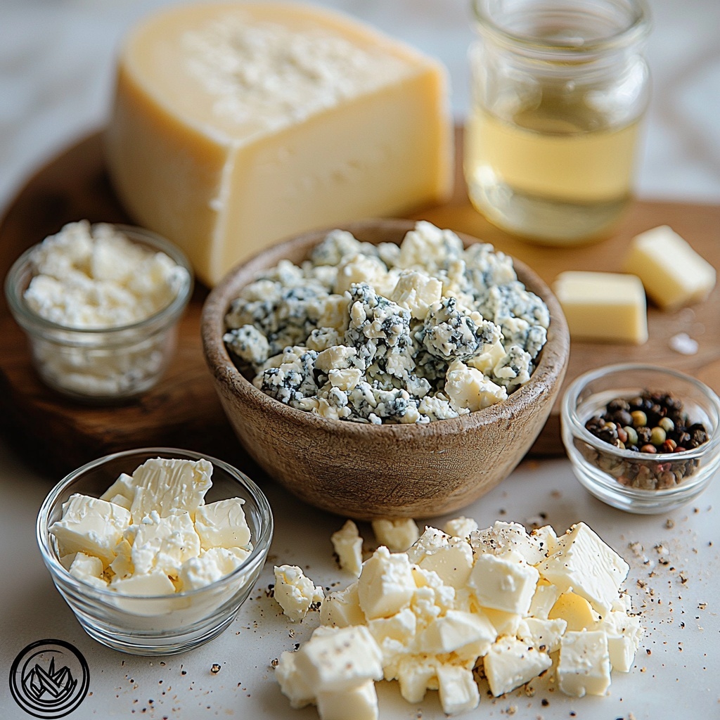 blue cheese crumbles in a small rustic bowl, smooth heavy cream in a clear glass measuring cup, a pat of unsalted butter on a small white dish, a finely chopped small shallot scattered gently on a wooden board, a small glass bowl with white wine vinegar, coarse sea salt and freshly cracked black peppercorns in tiny ceramic dishes, all arranged neatly on a clean white marble surface, natural soft daylight highlighting creamy textures and rich blue cheese marbling, warm neutral tones with subtle shadows creating depth, minimalistic and elegant styling with a hint of rustic charm, fresh and inviting composition, overhead shot, top down view, flat lay photography, professional food styling --ar 1:1 --q 2 --s 750 --v 6.1