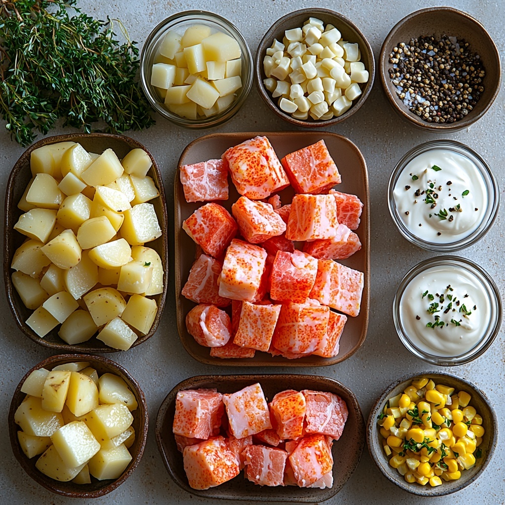 Lobster meat chunks bright red and white, diced crispy golden bacon, chopped translucent onion, minced fresh garlic cloves, peeled and diced pale yellow potatoes, vibrant yellow corn kernels, a clear glass jug of golden seafood stock, a small bowl of thick white heavy cream, fresh green thyme sprigs, coarse salt and black peppercorns in rustic bowls, fresh chopped bright green parsley flakes; all ingredients neatly arranged on a clean white lightly textured surface with natural soft daylight highlighting the contrasting colors and textures, subtle shadows for depth, minimalistic styling with a few sprigs of thyme and parsley scattered for freshness, sharp focus, overhead shot, top down view, flat lay photography, professional food styling --ar 1:1 --q 2 --s 750 --v 6.1