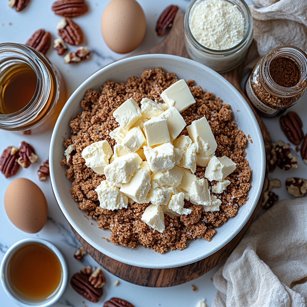 graham cracker crumbs in a small white bowl, golden and crumbly texture; granulated sugar in a clear glass bowl, sparkling white crystals; melted unsalted butter in a small rustic ceramic dish, glossy and smooth; softened cream cheese on a white plate, creamy and soft texture with slight sheen; two large brown eggs with smooth shells resting beside the plate; vanilla extract in a tiny glass vial with amber liquid inside; packed brown sugar in a vintage measuring cup, rich caramel color and moist texture; light corn syrup in a small clear jar, thick and shiny pale golden liquid; chopped pecans scattered loosely on a wooden board, warm brown tones with varied shapes and textures; each ingredient spaced evenly on a clean white marble surface, subtle natural shadows enhancing textures; styling includes a neutral linen napkin folded neatly at the corner, warm natural daylight from the side creating soft highlights and gentle shadows, minimalistic and elegant composition emphasizing warm earthy tones and rich textures overhead shot, top down view, flat lay photography, professional food styling --ar 1:1 --q 2 --s 750 --v 6.1