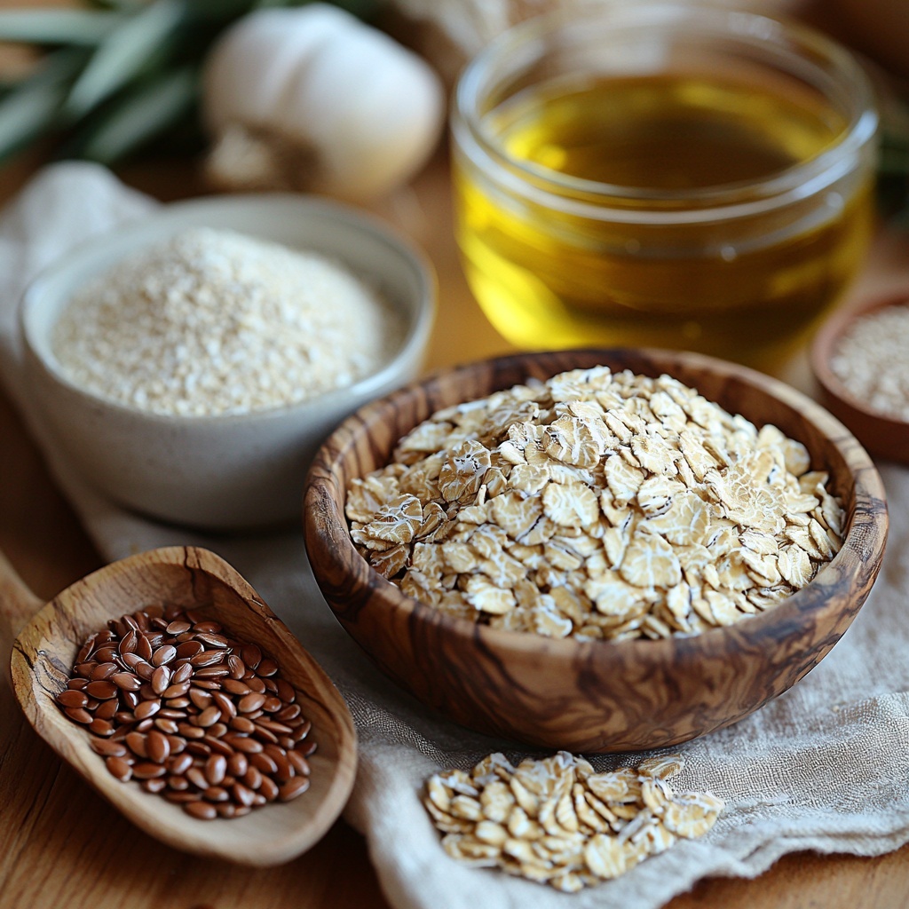 Rolled oats in a small clear glass bowl showing their light beige, flaky texture; warm water in a rustic ceramic measuring cup with gentle steam rising; a small wooden bowl with golden honey glistening under soft light; a tiny white dish holding active dry yeast granules, light tan and fine; smooth olive oil in a shallow glass dish with a rich golden hue; a neat pile of fine white whole wheat flour on a linen cloth; mixed seeds scattered artfully — sunflower seeds pale gray, sesame seeds off-white, pumpkin seeds deep green, flaxseeds reddish-brown — creating a natural, earthy contrast; a small wooden spoon filled with reddish-brown ground flaxseeds powder; another small bowl with light oat flour, finely milled and powdery; coarse salt crystals in a tiny white ceramic dish catching highlights; all ingredients arranged harmoniously on a clean, light oak wooden surface with soft natural daylight, gentle shadows adding depth, styled with neutral linen napkins and minimal props for a warm, inviting rustic look, emphasizing textures and natural colors — overhead shot, top down view, flat lay photography, professional food styling --ar 1:1 --q 2 --s 750 --v 6.1