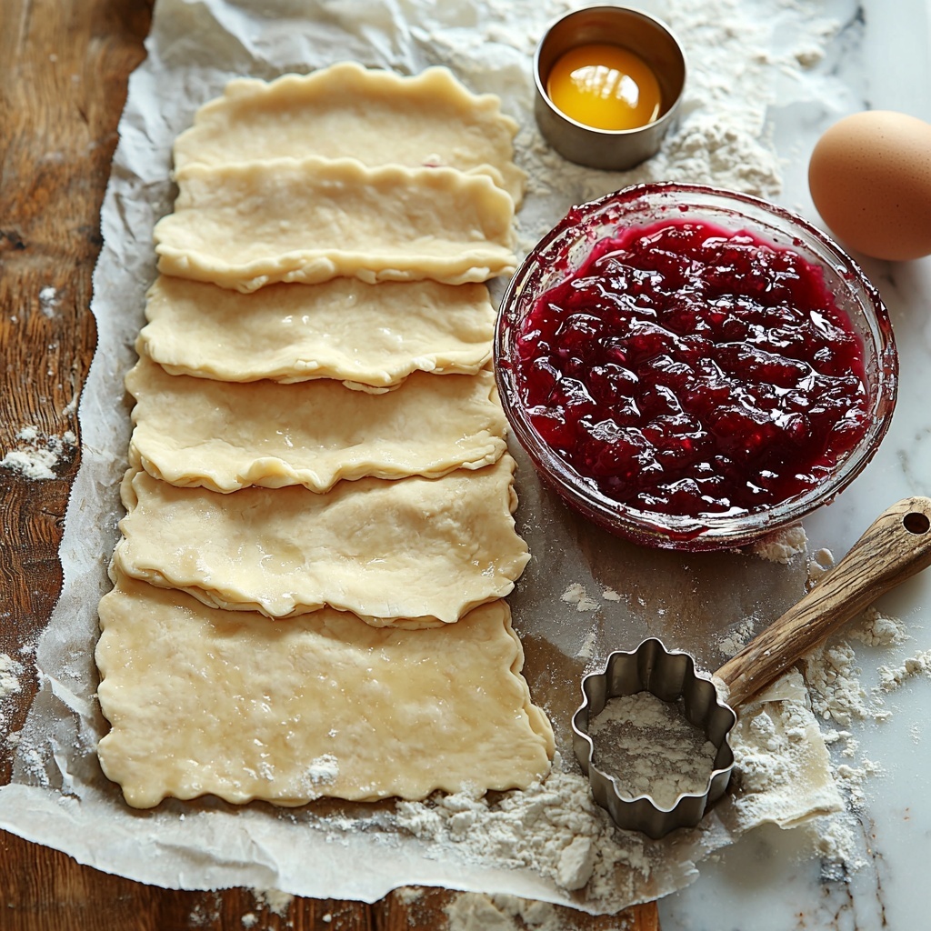 2 pie dough sheets, pale beige with lightly floured texture, one sheet rolled out flat, another stacked neatly; small round cookie cutter made of metal placed nearby; bowl of leftover cranberry sauce, deep glossy red with chunky texture; beaten egg in a small glass bowl, shiny golden yellow liquid; small wooden spoon resting in cranberry sauce; sprinkling of granulated sugar crystals scattered artistically on parchment paper; light dusting of flour on clean white marble surface; subtle shadows for depth, bright natural light highlighting textures and colors, minimalistic rustic styling with a soft linen napkin folded casually at the edge, small vintage fork for crimping edges placed diagonally; overhead shot, top down view, flat lay photography, professional food styling --ar 1:1 --q 2 --s 750 --v 6.1