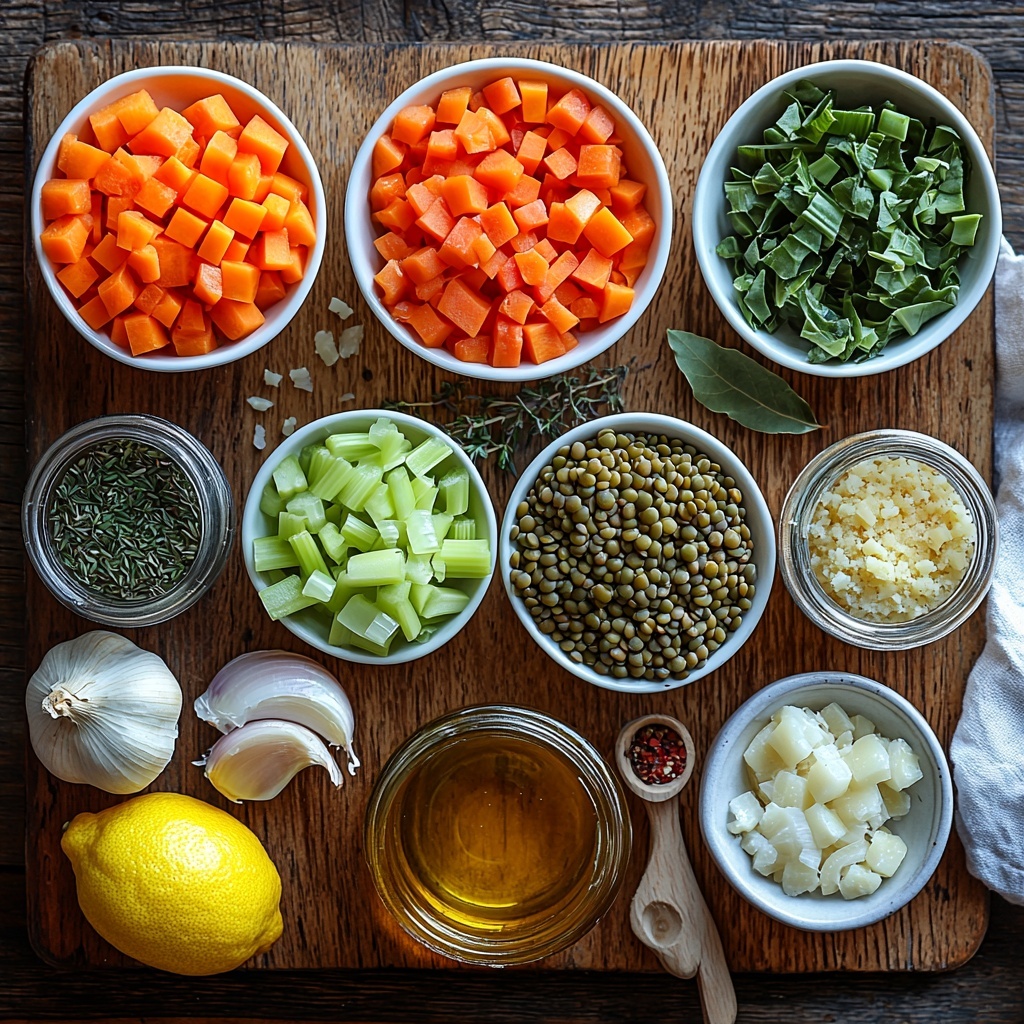 A beautifully arranged flat lay of Italian lentil soup ingredients on a clean, light wooden surface. Diced orange carrots, bright green celery stalks, and finely diced white onion are neatly placed in small white bowls. Three peeled garlic cloves sit alongside a small wooden spoon filled with dried thyme and another with dried oregano. A small glass jar holds golden olive oil, nearby a rustic can of vibrant red diced tomatoes with juices spilling slightly. A neat pile of small green and brown lentils is arranged next to a clear measuring cup filled with golden vegetable broth. A single fresh green bay leaf lies delicately on a linen napkin. Fresh, bright green chopped spinach or kale is set in a small bowl with a fresh lemon halved to reveal its juicy, yellow interior. A small mound of finely grated Parmesan cheese rests on crumpled parchment paper beside a sprinkle of coarse sea salt and cracked black peppercorns in tiny white dishes. All elements are spaced evenly with natural light casting soft shadows, highlighting the rich colors and textures—the rough edges of vegetables, smooth glass and ceramic surfaces, and the rustic warmth of wooden spoons and table. overhead shot, top down view, flat lay photography, professional food styling --ar 1:1 --q 2 --s 750 --v 6.1