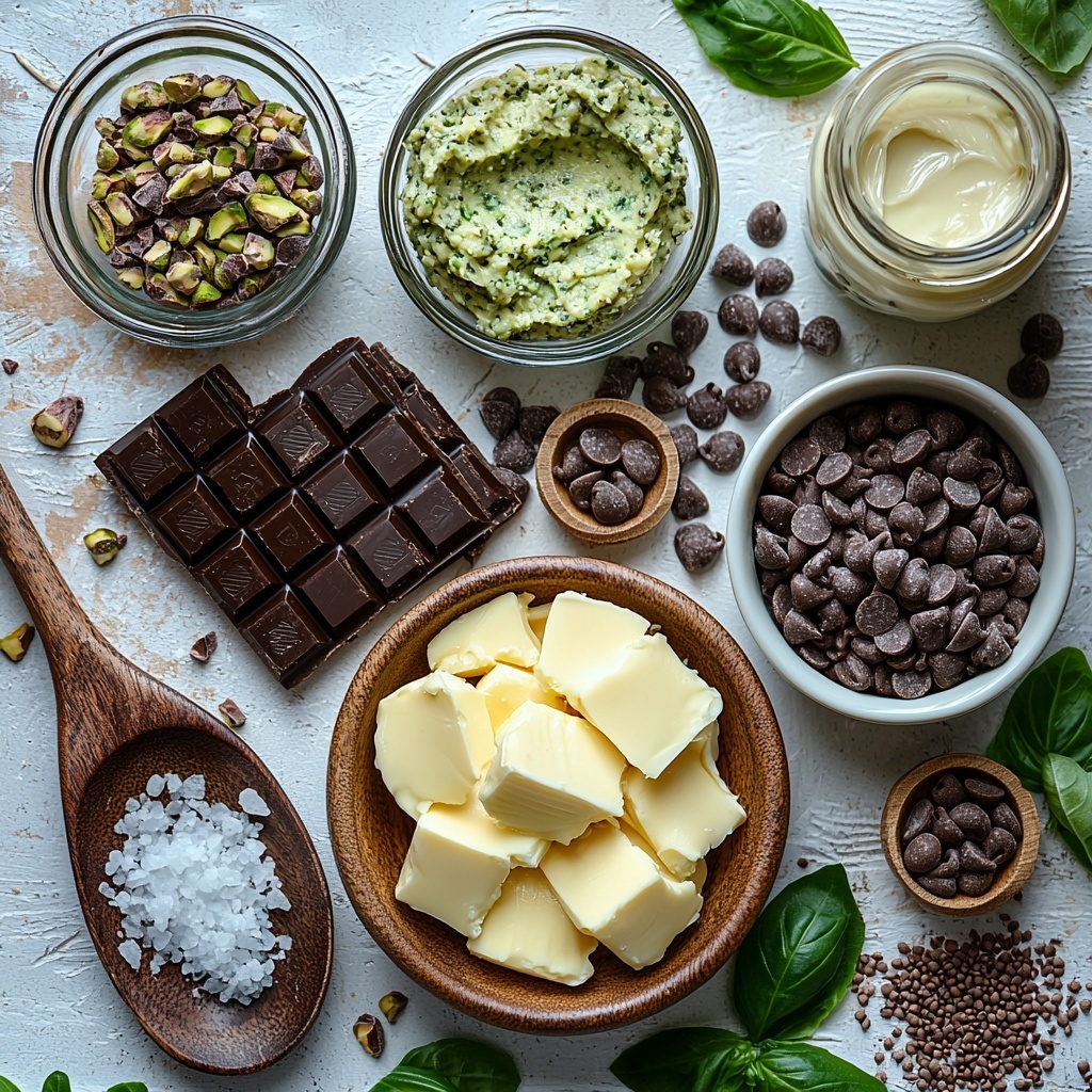 
A clean, bright white surface beautifully arranged with the main ingredients of a viral Dubai chocolate bar recipe. On one side, a small clear glass bowl filled with smooth white chocolate chips, next to it a tiny bowl showing a few drops of vibrant green oil-based food coloring with a small droplet pattern visible. Nearby, a generous glass bowl overflowing with glossy, rich dark chocolate chips. Next to that, a rustic heap of fine, golden shredded kataifi dough with visible threads and delicate texture. A small plate holds a shiny pat of salted butter with soft edges. A white ceramic bowl filled with velvety pistachio cream in a pale green hue contrasts with a glass jar containing creamy, warm tan tahini. A tiny salt celler with coarse crystals adds subtle texture. The elements are spaced evenly but artfully, some with wooden spoons and a whisk casually placed, emphasizing natural textures and colors. Soft natural daylight casts gentle shadows, highlighting the glossy chocolates, crisp kataifi, and creamy fillings. The overall styling is minimalistic yet inviting, with a focus on fresh ingredients, clean lines, and contrasting textures creating an appetizing harmony. Overhead shot, top down view, flat lay photography, professional food styling --ar 1:1 --q 2 --s 750 --v 6.1