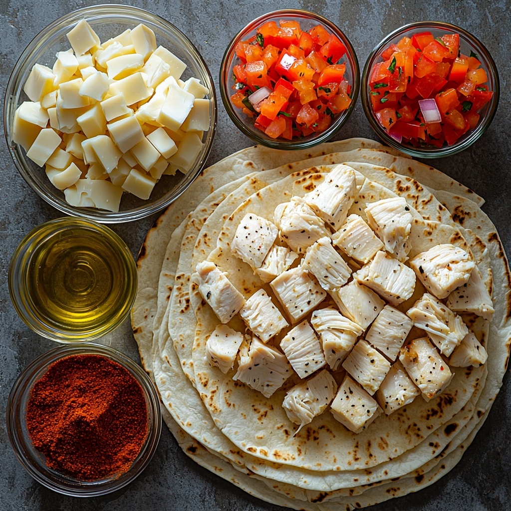 /Imagine a clean, bright white surface neatly arranged with all the main ingredients for chicken quesadillas. Centered are four large, pale golden flour tortillas, slightly overlapping in a casual fan shape. To the left, a small glass bowl filled with cubed, tender raw chicken breast, pale pink with a smooth texture. Next to it, a small pile of finely diced white onion with translucent edges, and a vibrant cluster of diced red bell pepper showcasing glossy, rich crimson pieces. Nearby, a small rustic bowl containing warm-toned, earthy taco seasoning powder with hints of red and brown spices. A handful of shredded Monterey Jack cheese with creamy, off-white strands spilling slightly onto the surface adds a soft, fibrous texture. Two small glass ramekins each contain a tablespoon of golden, glistening olive oil. The overall composition is clean and airy with natural light highlighting the varied textures and vivid colors—a balance of softness from the cheese and chicken, crispness from the vegetables, and warmth from the seasonings. Minimal shadows with subtle reflections emphasize freshness. Overhead shot, top down view, flat lay photography, professional food styling --ar 1:1 --q 2 --s 750 --v 6.1