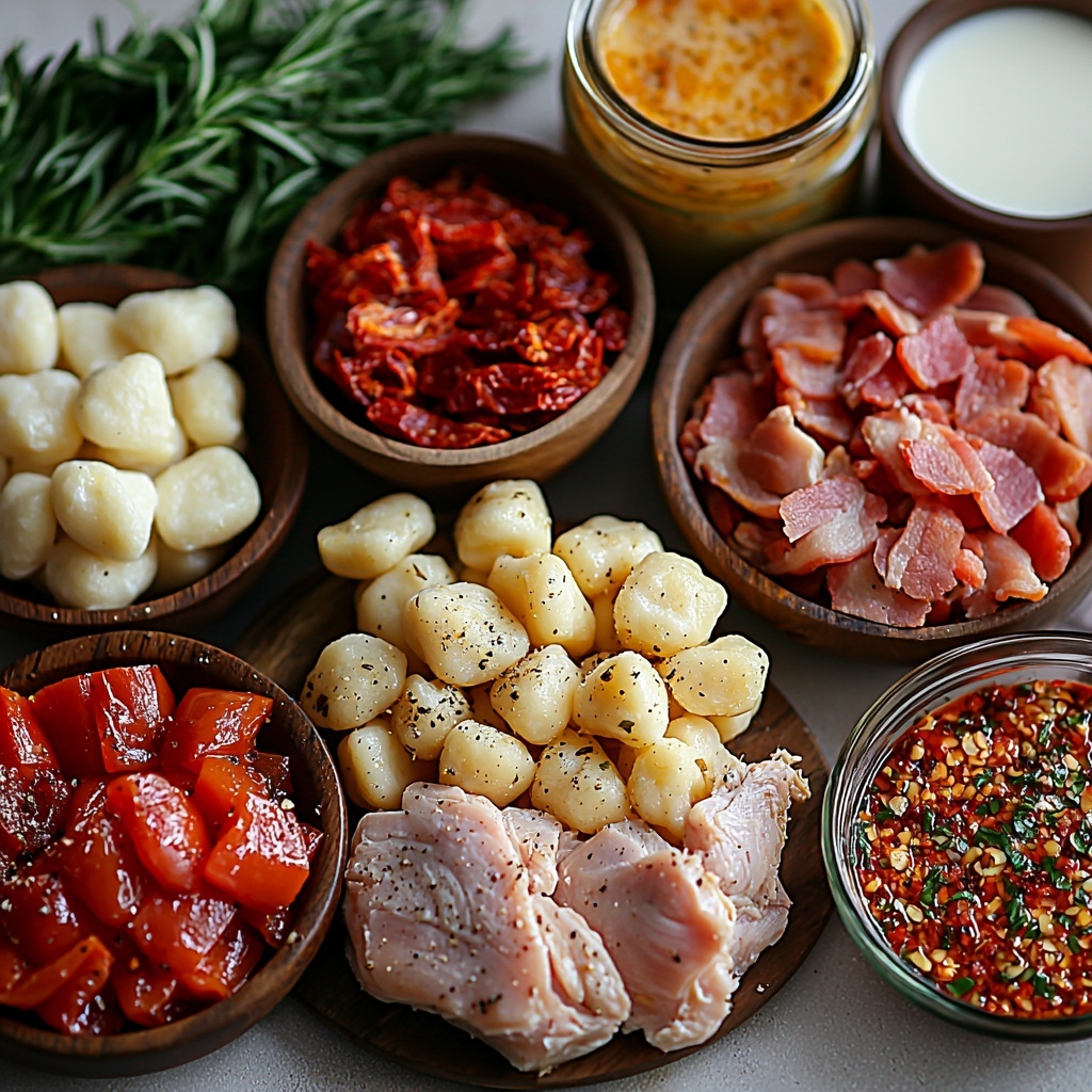 A clean white surface with the main ingredients for Italian Chicken Gnocchi Soup arranged neatly: thick-cut chopped bacon in a small rustic bowl showing crispy texture and reddish-brown color; a halved yellow onion next to a pile of vibrant chopped red bell peppers; a small wooden bowl filled with bright green Italian seasoning herbs; a tiny ramekin with deep red chili flakes; coarse sea salt crystals and cracked black peppercorns sprinkled artistically nearby; an opened can displaying rich crushed tomatoes with a vivid red hue; a glass measuring cup with clear golden chicken broth; raw chicken breasts with smooth pale pink skin; a bunch of fresh baby spinach leaves with bright, glossy green color; a small jar of oil-packed sun-dried tomatoes glistening with oily sheen; fresh potato gnocchi with soft white, pillow-like shapes piled lightly; a small jug of creamy whole milk; two small bowls—one with finely grated mozzarella or provolone cheese in white fluffy piles, and the other with grated parmesan exhibiting a slightly crumbly off-white texture; fresh rosemary sprigs with rich green needle leaves placed for garnish. All items spaced evenly with natural soft daylight highlighting the vibrant colors and varied textures, shadows soft and minimal, styled simply and elegantly with a few rustic wooden spoons and linen napkins to add warmth and invite coziness. Overhead shot, top down view, flat lay photography, professional food styling --ar 1:1 --q 2 --s 750 --v 6.1