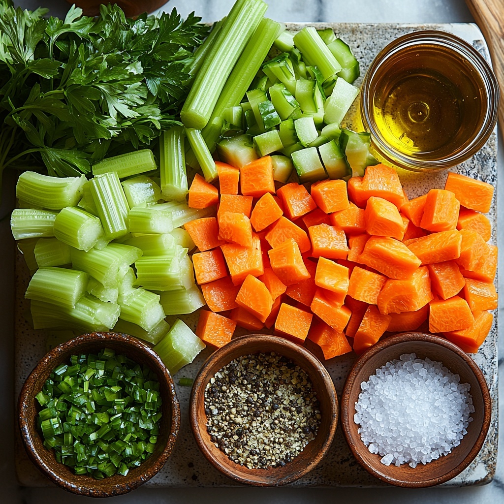 4 large bright orange carrots, roughly chopped into chunks; 4 fresh celery stalks, crisp and pale green, sliced; 1 medium yellow onion, diced into small cubes; 2 cloves of garlic, peeled and minced; a small glass bowl of golden olive oil; a rustic measuring cup filled with clear vegetable broth; a small wooden bowl containing coarse sea salt and freshly ground black pepper; a handful of vibrant fresh green parsley sprigs for garnish, all neatly arranged on a clean white marble surface. The vegetables show rich textures—carrots smooth and firm, celery with visible ribs and leaves, onion translucent and glossy, garlic finely minced. The bowls and measuring cup are spaced evenly with natural soft lighting casting gentle shadows to emphasize freshness and color contrasts. Minimalist styling with subtle props like a wooden spoon and linen napkin partially visible at the edges to enhance a cozy kitchen vibe. Overhead shot, top down view, flat lay photography, professional food styling --ar 1:1 --q 2 --s 750 --v 6.1