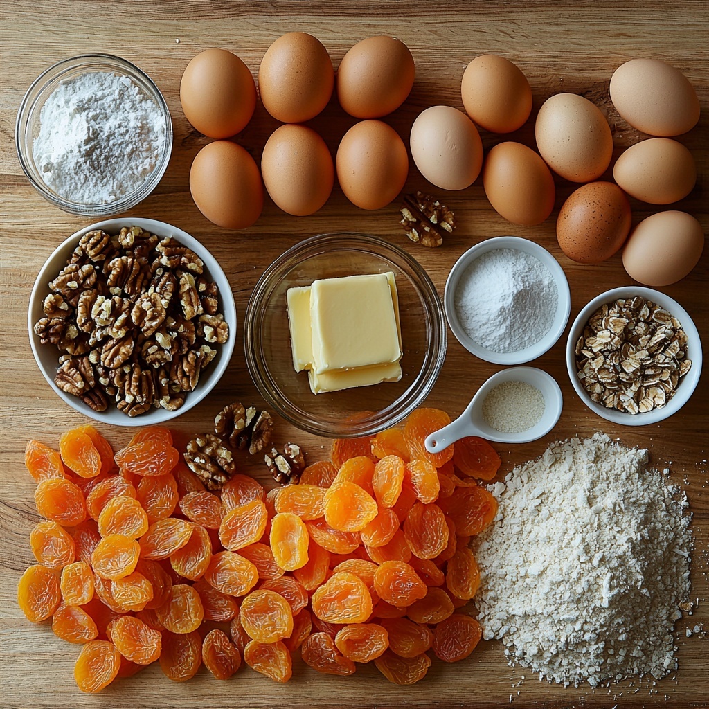butter (softened) in a small glass bowl, granulated sugar in a neat white ceramic scoop, measuring cups of all-purpose flour in crisp white and transparent containers, a pile of bright orange dried apricots, two large smooth brown eggs, a small bowl of packed dark brown sugar, scattered chopped walnuts showing their textured rough surfaces, a small heap of sweetened flaky coconut with fluffy white strands, a tiny dish of powdered sugar with a fine snowy texture, a pinch of baking powder and salt in tiny white spoons, all carefully arranged on a clean light wooden surface with natural soft daylight casting subtle shadows, elements spaced evenly with some overlapping for depth, minimal rustic styling emphasizing natural colors and textures, slight crumbs and loose coconut flakes artistically placed for visual interest, warm and inviting atmosphere evoking homemade baking, overhead shot, top down view, flat lay photography, professional food styling --ar 1:1 --q 2 --s 750 --v 6.1
