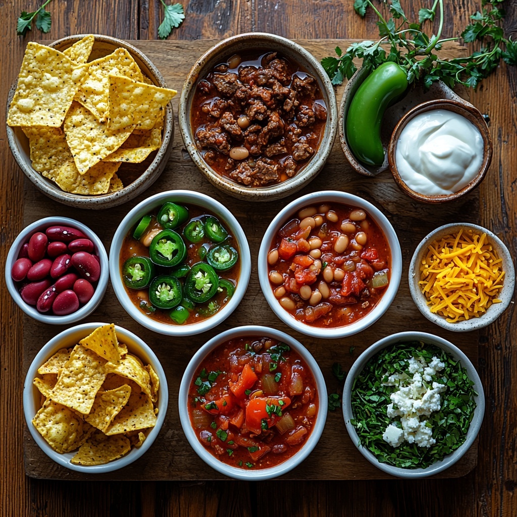 A clean, rustic wooden surface with all the main ingredients for crockpot steak chili neatly arranged in small white ceramic bowls and scattered artfully around: vibrant red kidney beans, rich deep red crushed San Marzano tomatoes, smooth bright red tomato sauce, thick, glossy dark red tomato paste; fresh green sliced jalapeño peppers and chopped green onions adding pops of bright green; a large diced yellow onion with translucent white and yellow chunks; five minced garlic cloves displayed finely; a small pile of coarse black pepper and kosher salt crystals; warm golden brown sugar granules; earthy reddish-brown chili powder, smoky paprika, ground cumin, and dried oregano powders in neat piles; raw beef stew meat chunks with marbled texture placed on a clean white plate; a small cup of rich brown beef broth; a small dish of golden olive oil gleaming; rustic tortilla chips scattered naturally; a slice of moist golden cornbread; a dollop of creamy white sour cream in a small bowl; and a handful of shredded bright orange cheddar cheese sprinkled loosely. The arrangement emphasizes texture and color contrasts, styled with natural daylight casting soft shadows to enhance the freshness and rich tones of the ingredients, minimal props, negative space for clarity, and a clean aesthetic. Overhead shot, top down view, flat lay photography, professional food styling --ar 1:1 --q 2 --s 750 --v 6.1