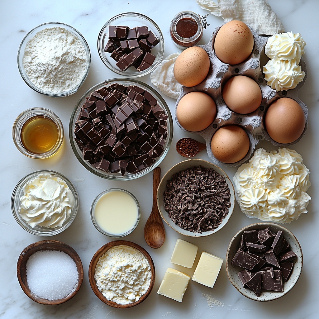 A clean, bright white surface with all the main ingredients for a chocolate éclair cake neatly arranged for a flat lay photo: three large brown eggs with smooth shells, a small glass bowl of fine white granulated sugar, a pile of light beige all-purpose flour with a small metal sifter, a small bottle or ramekin of warm golden vanilla extract, a pinch of fine salt sprinkled on a tiny dish; a medium saucepan showing rich whole milk with a slight steam texture, a bowl of pale yellow egg yolks, a small bowl of fine white sugar, a small container of translucent white cornstarch, a pat of creamy unsalted butter with a soft texture on a small plate, a jar of glossy vanilla bean paste, and a bowl of fluffy whipped cream with soft peaks; a small bowl of finely chopped deep brown semi-sweet chocolate, a measuring cup with glossy heavy cream, and a dollop of smooth unsalted butter. The ingredients are spaced thoughtfully in natural daylight with soft shadows, highlighting their varied textures—powdery flour, glossy chocolate, creamy butter, and smooth liquids. Subtle kitchen props like a wooden spoon, a metal whisk, and a linen napkin placed elegantly off to the side add rustic charm, while everything is crisply in focus with a shallow depth of field. The overall palette is warm and inviting with whites, browns, creams, and soft golden accents. overhead shot, top down view, flat lay photography, professional food styling --ar 1:1 --q 2 --s 750 --v 6.1