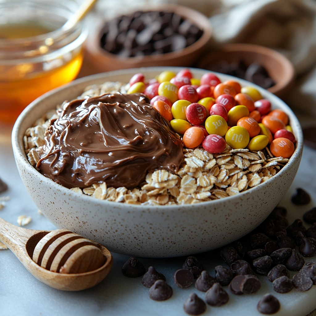 Rolled oats spilling gently from a wooden scoop, creamy peanut butter in a small glass bowl with a smooth, glossy surface, a neat heap of chocolate protein powder with fine texture on a white ceramic plate, vibrant Reese’s Pieces candy scattered in small clusters showcasing their bright orange, yellow, and brown hues, miniature dark chocolate chips sprinkled artfully nearby, a small clear glass dish filled with golden honey glistening under soft light, a rustic measuring spoon holding water droplets catching the light on a clean white marble surface; all ingredients arranged thoughtfully with pops of warm earthy tones contrasted by colorful candy, natural textures like the oats' roughness and the peanut butter’s creaminess enhanced by soft, diffused daylight, minimal shadows, styled with a casual yet organized feel, extra Reese’s Pieces scattered as garnish adding playful detail, neutral background to emphasize colors and textures — overhead shot, top down view, flat lay photography, professional food styling --ar 1:1 --q 2 --s 750 --v 6.1