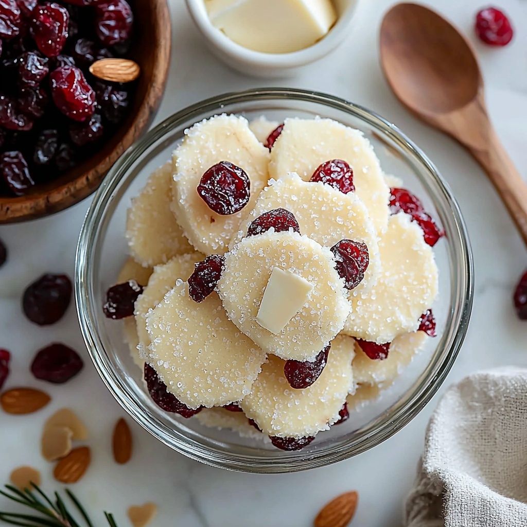 unsalted butter softened in a small vintage butter dish, granulated sugar in a clear glass bowl sparkling under soft light, a small white ceramic spoon holding almond extract, a tiny pinch of coarse salt scattered delicately on the smooth surface, a neat pile of all-purpose flour lightly dusted with hints of texture, vibrant red dried cranberries spread in a small rustic wooden bowl, pale ivory slivered almonds fanned out on a natural linen cloth, all ingredients arranged artfully on a clean white marble countertop with natural light casting gentle shadows, warm and inviting color palette emphasizing creamy yellows, bright reds, and soft neutrals, sprinkled almond slivers and stray cranberries adding casual charm, minimalistic and elegant styling with subtle props like a wooden spoon and a linen napkin nearby, overhead shot, top down view, flat lay photography, professional food styling --ar 1:1 --q 2 --s 750 --v 6.1