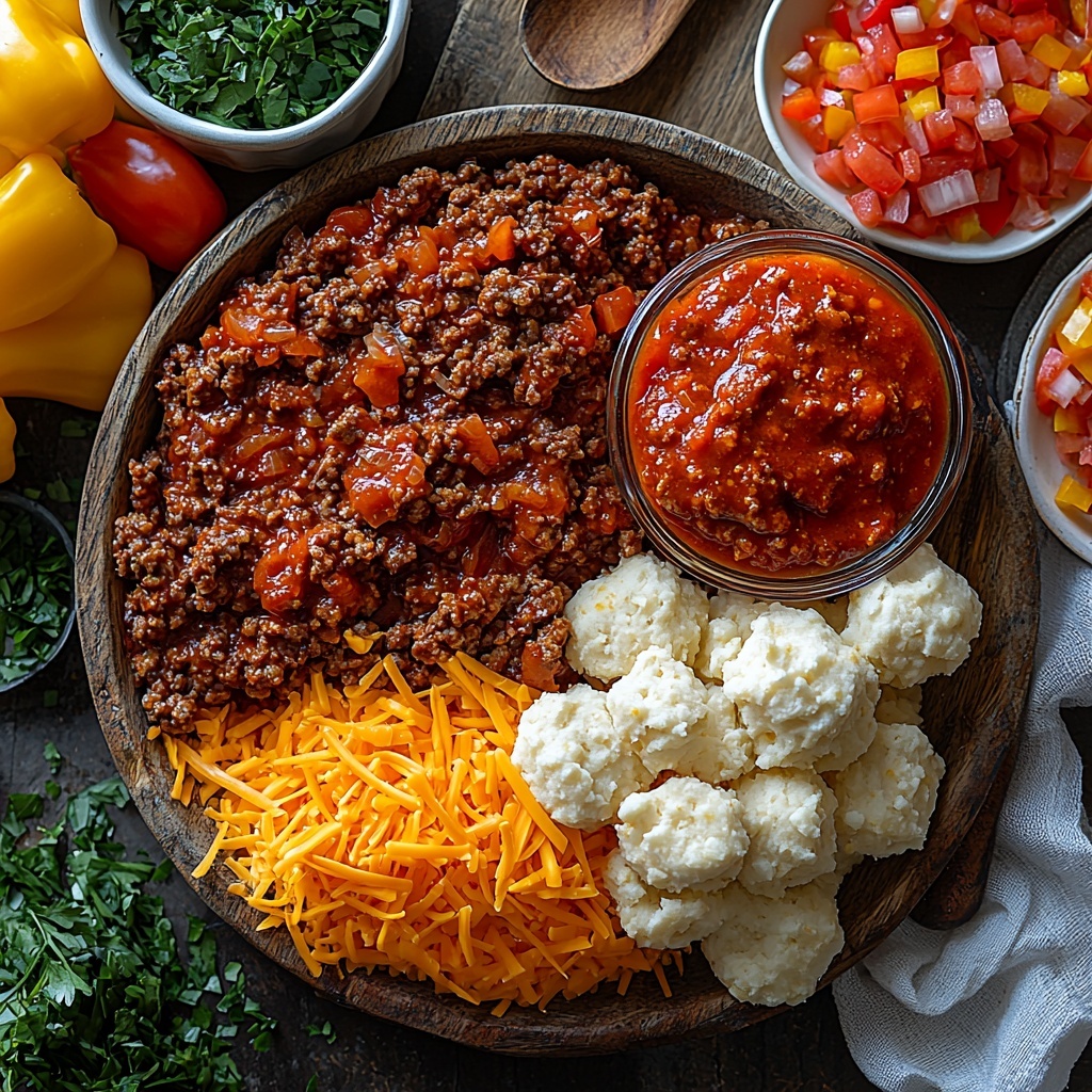 /Imagine prompt: A clean, neutral-toned surface showcasing the main ingredients for a Sloppy Joe Casserole arranged carefully for flat lay photography. On one side, a rustic wooden bowl filled with 1 lb of raw, lean ground beef with visible coarse texture and rich red color. Nearby, a small glass bowl holds vibrant red-orange Sloppy Joe sauce with a glossy, thick consistency. Next to it, a neat pile of shredded cheddar cheese in bright yellow-orange hues, showing fine strands and a slightly crumbly texture. Adjacent, a small white dish contains finely chopped white onion with translucent layers, and another dish with diced bell pepper in mixed red, green, and yellow pieces adding fresh pops of color. A vintage metal baking dish is partially visible, hinting at the casserole. Finally, a small plate displays smooth, neatly arranged pieces of pale cream refrigerated biscuit dough with a soft, slightly puffy appearance. The composition is balanced with natural daylight, soft shadows, and minimal props—just a linen napkin folded casually at the corner and a wooden spoon resting nearby, emphasizing rustic home cooking vibes. The overall palette includes warm reds, yellows, and neutral whites, styled cleanly with attention to texture contrast and color harmony. Overhead shot, top down view, flat lay photography, professional food styling --ar 1:1 --q 2 --s 750 --v 6.1