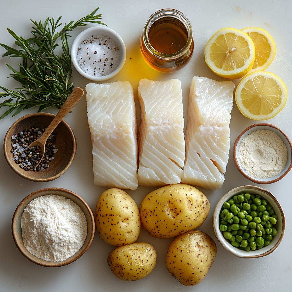 A clean white surface with all main ingredients carefully arranged for a British fish and chips recipe: four raw, pale white, skinless and boneless cod or haddock fillets with subtle moisture sheen; a rustic pile of thick, peeled russet potatoes cut into chunky fries, showcasing their creamy interior and rough edges; a small bowl of smooth, fine all-purpose flour alongside a wooden spoon dusted with white flour; a smaller bowl containing pale, fine cornstarch powder; a ramekin of white baking powder; a heap of coarse sea salt crystals sparkling under soft light; a rustic black pepper grinder next to freshly ground black pepper specks scattered artistically; a tall glass of cold, clear sparkling water with bubbles visible; a small golden bottle of sunflower oil catching warm highlights; fresh lemon wedges with bright yellow, glistening juicy pulp placed neatly on a small white dish; a small white ceramic bowl of amber malt vinegar reflecting light; optional elements arranged nearby: a bowl of vibrant green mushy peas with a soft texture and a small bowl of creamy, pale tartar sauce with visible herbs. The ingredients are spaced evenly with natural shadows, styled with a balance of rustic charm and modern minimalism, emphasizing natural textures and colors. Overhead shot, top down view, flat lay photography, professional food styling --ar 1:1 --q 2 --s 750 --v 6.1