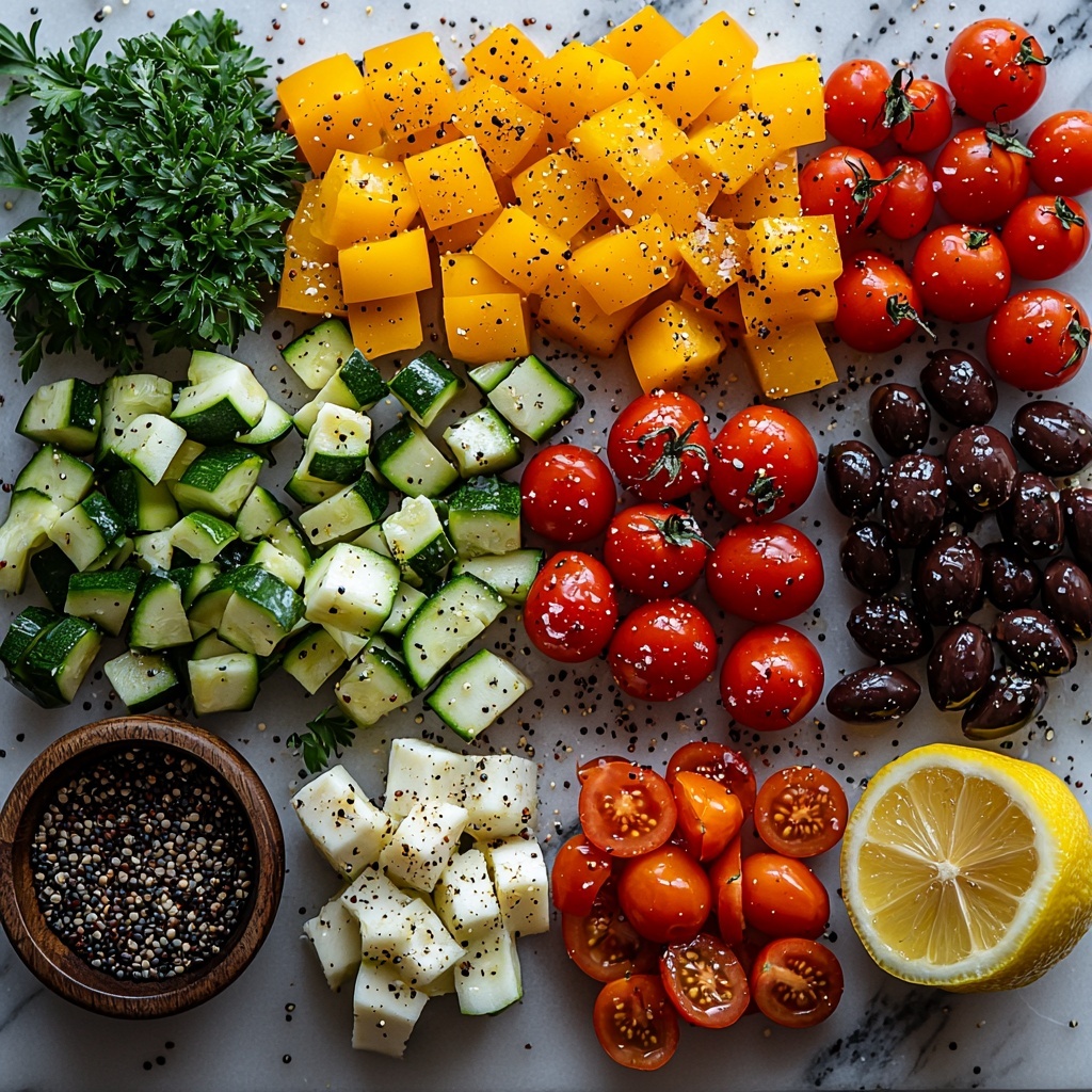 flat lay photography of Mediterranean quinoa salad ingredients arranged neatly on a clean white marble surface: bright green zucchini pieces cut into 1/2-inch cubes, vibrant red and green bell pepper chunks, glossy halved cherry tomatoes with deep red hues, glistening Kalamata olives sliced in halves showing rich purple-black color, a small bowl of golden California olive oil, scattered fresh green parsley leaves finely chopped, a small heap of cooked fluffy white quinoa grains, a lemon with zest finely grated nearby, rustic wooden spoon with Italian seasoning and coarse salt and black pepper sprinkled artistically around. Natural light highlighting the fresh textures and vivid colors, with subtle shadows creating depth, styled with minimal props and soft neutral tones for a clean, fresh Mediterranean feel. overhead shot, top down view, flat lay photography, professional food styling --ar 1:1 --q 2 --s 750 --v 6.1