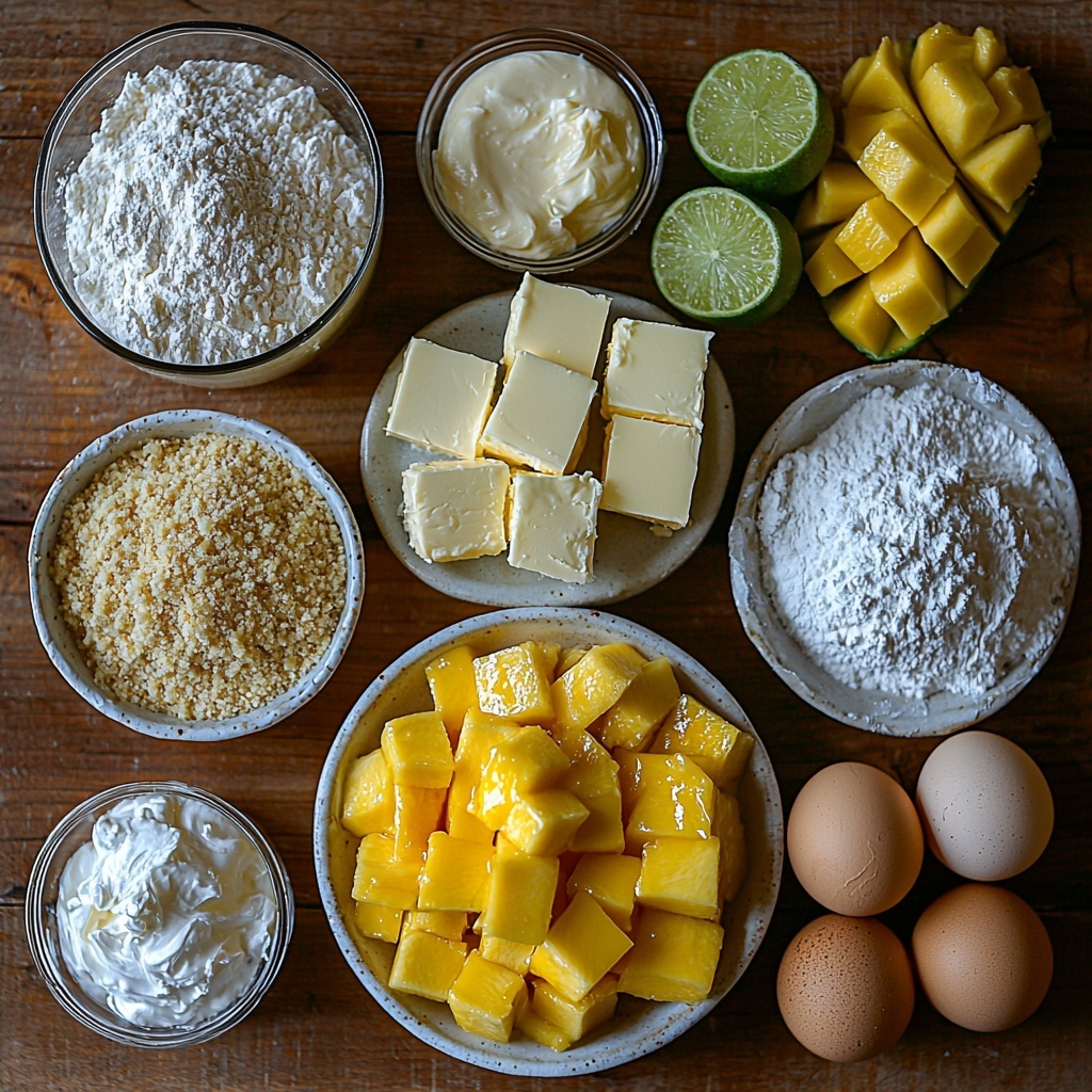 A clean, light wooden surface with the main ingredients for a mango key lime cheesecake arranged neatly in a balanced flat lay composition. On one side, a small glass bowl of golden graham cracker crumbs next to a small bowl of white granulated sugar and a rustic dish holding melted pale yellow unsalted butter. Nearby, three blocks of smooth cream cheese wrapped partially in foil, a small mound of white all-purpose flour on a white ceramic plate, and a bowl of vibrant, rich orange mango puree. Fresh key limes, some whole with smooth shiny green skin, others sliced to reveal their juicy bright green interiors, scattered thoughtfully. A small bowl of white sour cream, three large eggs with glossy brown shells, and a small glass dish of clear gelatin powder beside a tiny cup of water. For garnish, thinly sliced fresh mango pieces with deep yellow-orange flesh and lime slices arranged artfully. The textures contrast beautifully: crumbly, creamy, juicy, and powdery elements all visible. Bright natural light highlights the freshness of the ingredients, with subtle shadows adding depth. Overhead shot, top down view, flat lay photography, professional food styling --ar 1:1 --q 2 --s 750 --v 6.1