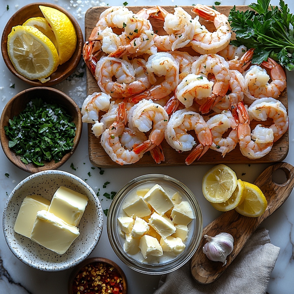 A clean, bright white marble surface with all the main ingredients for creamy garlic shrimp artfully arranged in a balanced flat lay. Large, raw peeled and deveined shrimp display their soft pink and translucent textures in a small rustic bowl. Nearby, a pat of glossy unsalted butter rests on a small wooden board, with 4 garlic cloves—some whole and some minced—in a small white ceramic dish showcasing their creamy white and slightly golden tones. A glass measuring cup filled with smooth, rich heavy cream, reflecting soft natural light. A small mound of finely grated Parmesan cheese with its pale yellow, slightly crumbly texture sits beside a tiny bowl of vibrant, freshly chopped green parsley leaves. Salt and pepper grinders or small dishes hold the seasonings, complemented by a small bowl of bright red pepper flakes adding a pop of color. Optional lemon wedges with their sunny yellow rinds and juicy interiors complete the layout. Soft, diffused daylight illuminates the scene, highlighting the fresh, creamy, and natural textures and colors. Carefully styled props include a textured linen napkin in neutral tones and a sleek wooden spoon placed diagonally for visual interest. The composition is spacious, uncluttered, with negative space enhancing the clarity and freshness of each ingredient. Overhead shot, top down view, flat lay photography, professional food styling --ar 1:1 --q 2 --s 750 --v 6.1