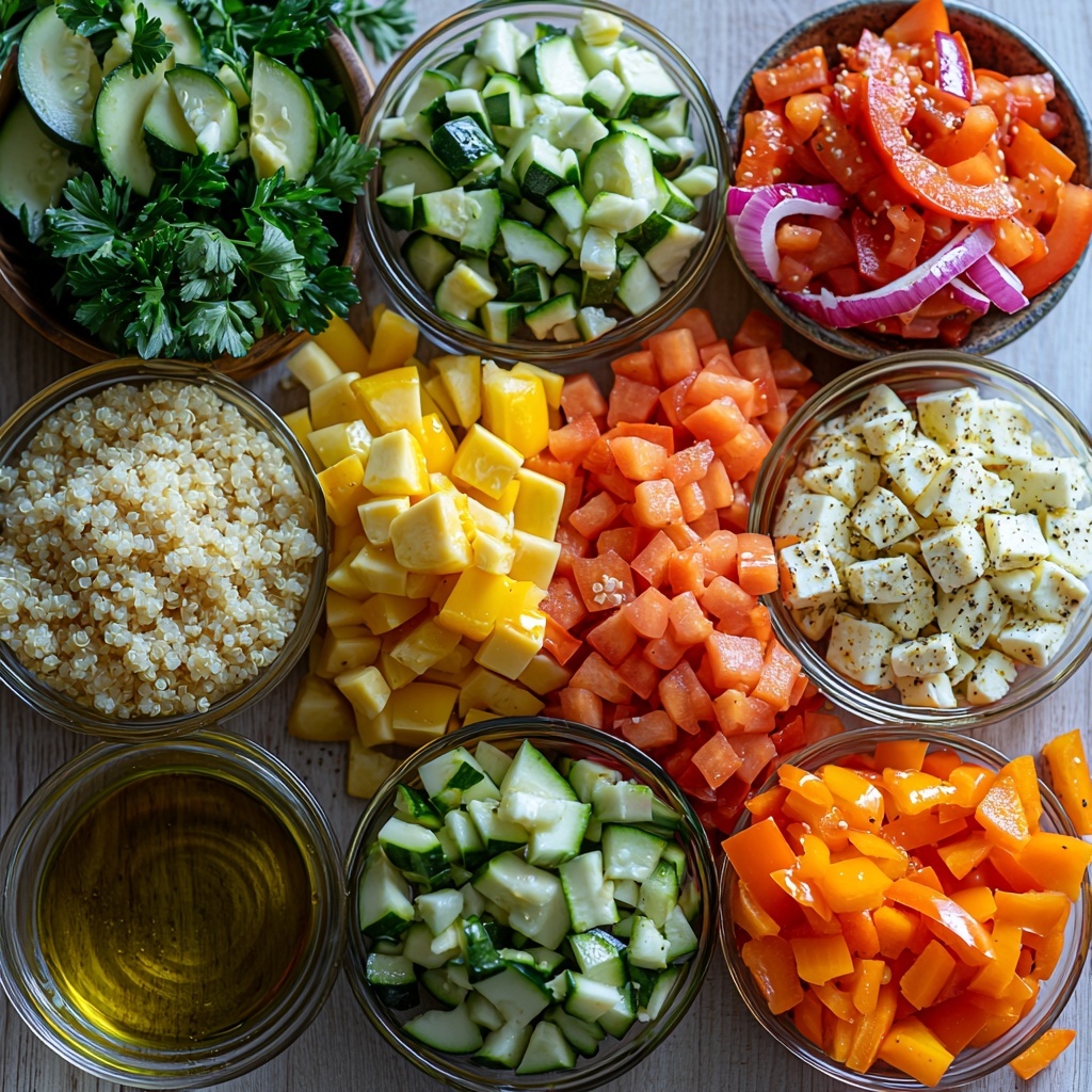 A bright, clean kitchen surface with all the main ingredients for a roasted veggie quinoa bowl neatly arranged in separate bowls and small piles: a bowl of fluffy white quinoa grains, a small pot of golden vegetable broth, vibrant diced red bell pepper, bright yellow bell pepper cubes, fresh green zucchini pieces, thinly sliced orange carrot rounds, finely diced purple-red onion, a small glass dish of golden olive oil, scattered spices including a spoonful each of garlic powder, paprika, salt, and black pepper, and a small bunch of freshly chopped bright green parsley leaves. Optional: a small bowl with creamy white crumbled feta cheese and a few ripe green avocado slices fanned out. The ingredients are styled with natural daylight, emphasizing vivid colors and varied textures—glossy oil, crisp fresh vegetables, and rustic quinoa grains—arranged with balanced spacing on a neutral light wood or white marble background. Overhead shot, top down view, flat lay photography, professional food styling --ar 1:1 --q 2 --s 750 --v 6.1