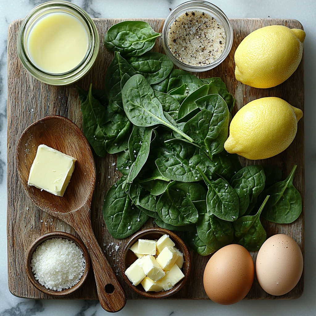 Fresh vibrant green spinach leaves (some whole, some loosely piled), a small pat of creamy unsalted butter on a rustic wooden spoon, two peeled garlic cloves finely minced displayed nearby, a small glass bowl of thick heavy cream glistening softly, a tiny dish with bright yellow freshly grated lemon zest, a clear glass container with freshly squeezed lemon juice reflecting light, a small heap of finely grated pale Parmesan cheese dusted lightly, a pinch of freshly grated nutmeg displayed beside a tiny wooden spice scoop, coarse sea salt crystals and cracked black peppercorns scattered artfully, and four large glossy brown eggs arranged neatly in a natural cluster. All items are thoughtfully spaced on a clean white marble surface with soft natural lighting, subtle shadows emphasizing textures and freshness, styled with minimal rustic props like a linen napkin and light wooden board edges visible to evoke a cozy, elegant kitchen vibe. Overhead shot, top down view, flat lay photography, professional food styling --ar 1:1 --q 2 --s 750 --v 6.1