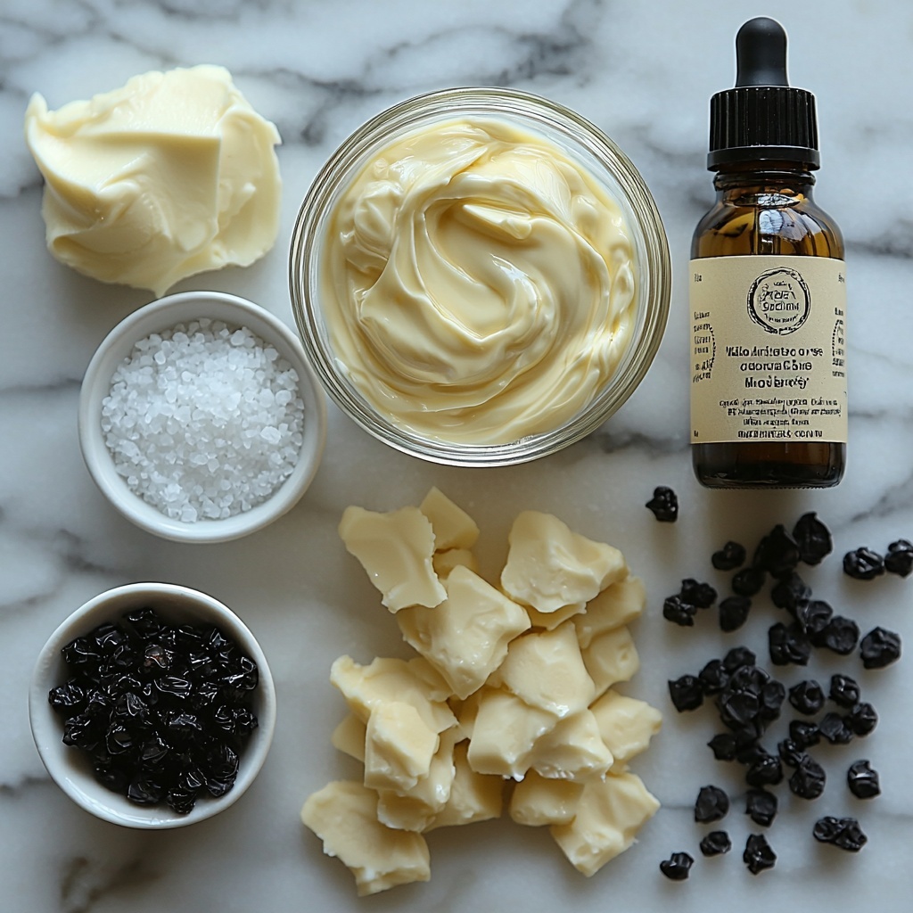 heavy cream in a clear glass measuring cup showing smooth, creamy texture; a small bowl of thick, glossy sweetened condensed milk with a rich pale yellow color; a neat pinch of fine white salt on a white ceramic spoon; a small glass bottle of dark black licorice extract with a shiny label; a tiny dropper bottle with glossy black food coloring and a few drops spilled artistically on white surface; all ingredients arranged carefully on a clean, bright white marble surface with soft natural lighting casting gentle shadows, emphasizing contrasting textures and subtle glossy highlights, minimalistic styling with ample negative space and a touch of rustic elegance from a lightly crumpled white linen napkin in one corner, overhead shot, top down view, flat lay photography, professional food styling --ar 1:1 --q 2 --s 750 --v 6.1