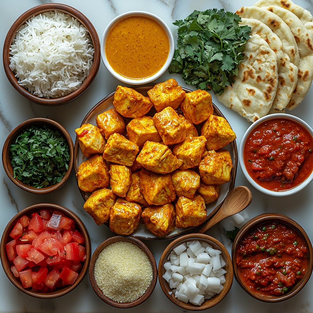 boneless and skinless chicken breasts cut into large chunks, small diced onion, garlic powder and ground ginger in small white bowls, 14-ounce can of coconut milk with a splash poured next to it, 8-ounce can of tomato sauce opened with rich red sauce visible, wooden spoon with golden curry powder, turmeric, paprika, salt, black pepper, and brown sugar scattered artistically in small ceramic dishes, a small bowl with cornstarch and a shot glass of cold water nearby, fresh bright green chopped cilantro arranged in a small pile, serving bowl of fluffy white cooked rice and folded warm naan bread pieces, all ingredients carefully arranged on a clean white marble surface showing a contrast of warm yellows, vibrant reds, soft whites and fresh greens, natural light casting soft shadows, minimalistic and elegant food styling with subtle props and neutral tones, textured surfaces and rustic wooden utensils adding warmth, overhead shot, top down view, flat lay photography, professional food styling --ar 1:1 --q 2 --s 750 --v 6.1