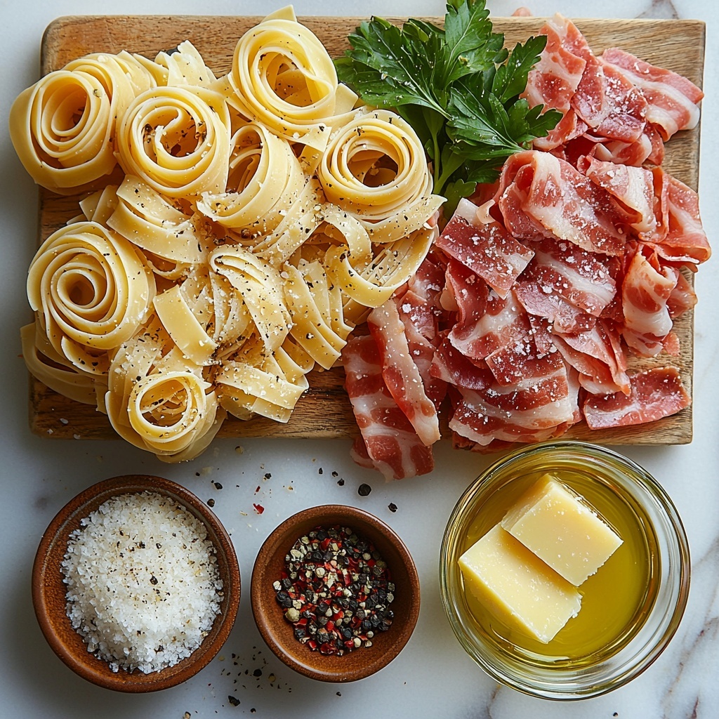 Crispy bacon linguine ingredients neatly arranged on a clean white marble surface, showcasing 14 oz of uncooked golden linguine pasta coiled in a rustic bundle, next to a small pile of coarse sea salt crystals; 7 oz diced raw bacon pieces with rich red and white marbling placed on a small wooden board; a clear glass bowl with 2 tbsp glistening golden olive oil; three peeled garlic cloves finely chopped beside a small heap of fresh green chopped parsley leaves; a small rustic ceramic dish with freshly ground black pepper and a pinch of red pepper flakes scattered delicately nearby; a wedge of lemon with bright yellow zest shavings on a white porcelain plate; a small bowl filled with finely grated pale yellow Parmesan cheese, textured and fluffy; a glass container with clear, slightly tinted reserved pasta water softly reflecting light; all ingredients spaced with balanced white space for clarity and harmony, styled with natural daylight casting soft shadows, minimalistic props, and slight rustic elements to evoke an Italian kitchen vibe, rich colors and varied textures to create visual interest, overhead shot, top down view, flat lay photography, professional food styling --ar 1:1 --q 2 --s 750 --v 6.1