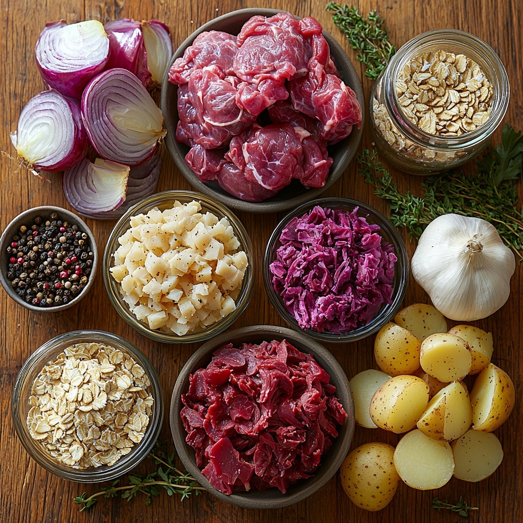 A beautifully arranged flat lay of traditional Scottish haggis ingredients on a clean, light wooden surface. Centerpiece: raw offal including sheep heart, liver, and lungs with deep reds and purples, beside finely chopped beef or lamb suet displaying creamy white textures. Nearby, a small mound of toasted steel-cut oats with golden-brown hues and a bowl of finely chopped onions, translucent pale purple and white layers catching soft light. Seasoning jars with finely ground black pepper, coriander, nutmeg, and allspice powders in warm earthy tones scattered artistically. A clear glass cup of rich, dark beef stock adds depth and shine. A neatly cleaned, wrinkled sheep stomach casing rests beside the meats. On one side, peeled and cubed potatoes and turnips (neeps and tatties) with smooth off-white and pale yellow tones, contrasted by a small pat of creamy butter. Sprinklings of coarse salt and whole black peppercorns add texture. Warm natural light enhances the varied textures from moist meats to grainy oats and smooth vegetables, shadows soft and inviting. The arrangement is balanced with ingredients spaced to create breathing room and visual interest, capturing rustic authenticity and wholesome richness. Overhead shot, top down view, flat lay photography, professional food styling --ar 1:1 --q 2 --s 750 --v 6.1
