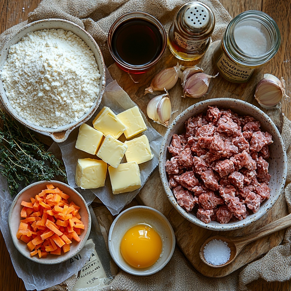 2 1/2 cups all-purpose flour in a neat measuring cup, cold unsalted butter cubed into small squares on a rustic wooden cutting board, a small bowl of salt, a glass jug of cold water with a few droplets on the outside, raw ground beef in a textured ceramic bowl, a finely chopped large onion on a white plate, two minced garlic cloves arranged delicately on a small saucer, a small pile of grated orange carrot on parchment paper, a tablespoon of rich red tomato paste in a tiny white ramekin, a half cup of dark beef broth in a clear glass, a small bottle of Worcestershire sauce with a vintage label, dried thyme scattered loosely on a burlap cloth, a rustic salt and pepper shaker set, and a beaten egg in a shallow dish showing vibrant yellow color—all items carefully spaced out on a clean, light-colored marble surface. Soft natural lighting emphasizes the varied textures from smooth flour to crumbly butter, glossy tomato paste, and moist ground beef, with subtle shadows adding depth. Minimal props like a linen napkin and a wooden spoon complement the arrangement for a warm, inviting mood. overhead shot, top down view, flat lay photography, professional food styling --ar 1:1 --q 2 --s 750 --v 6.1