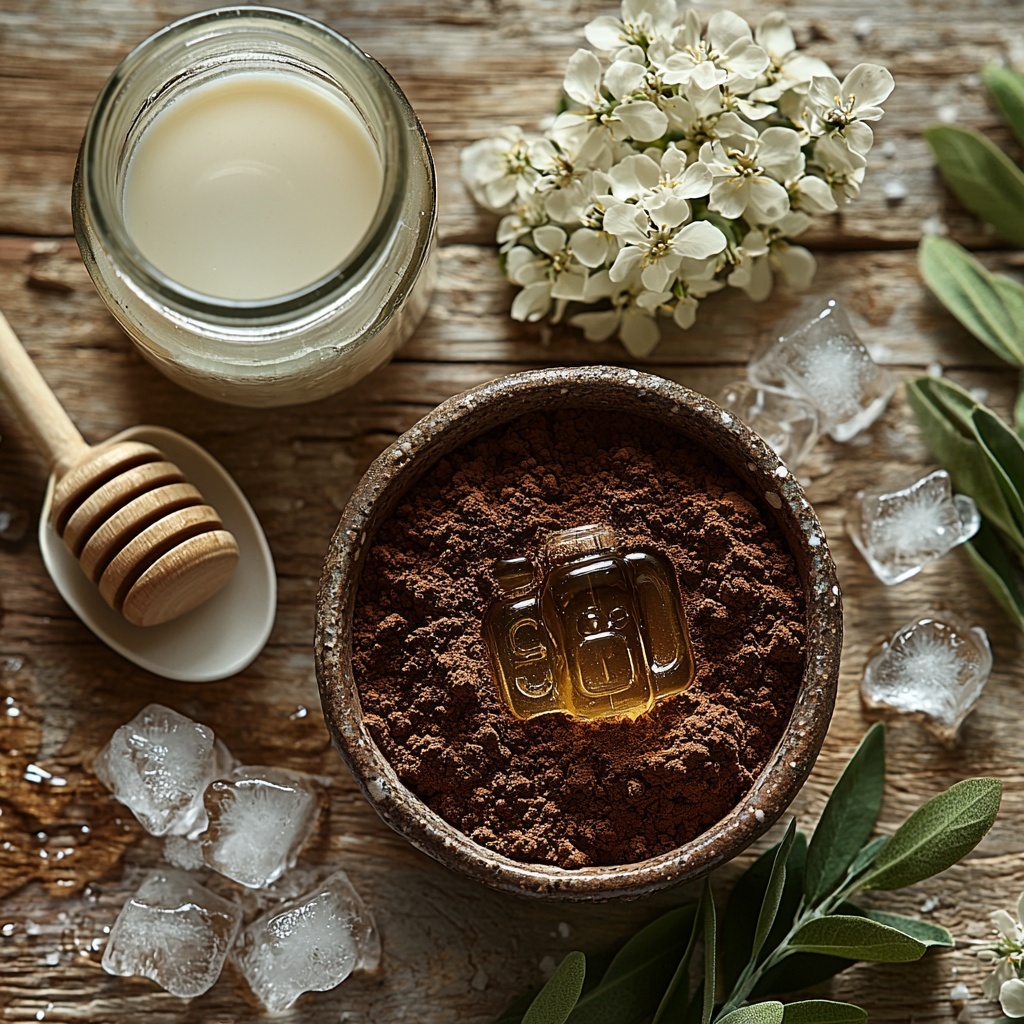 coarse-ground coffee in a small rustic ceramic bowl with rich dark brown grounds, next to a clear glass jar filled with cold water, a sleek glass bottle of creamy almond milk with a subtle white sheen, two tablespoons of golden honey drizzled gently on a white porcelain spoon, scattered glossy ice cubes catching the light, and a small dish with pale amber vanilla extract, all neatly arranged on a smooth, clean light wood surface with soft natural lighting, minimal shadows, and fresh green sprigs for a touch of color contrast, emphasizing the different textures from coarse to smooth and glossy, overhead shot, top down view, flat lay photography, professional food styling --ar 1:1 --q 2 --s 750 --v 6.1