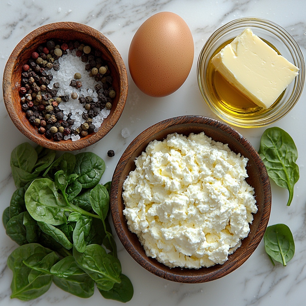 Ricotta cheese in a small rustic bowl, creamy white and smooth texture; fresh vibrant green spinach leaves loosely piled together with some finely chopped spinach in a small glass dish; a single large brown egg with a smooth shell; a small heap of all-purpose flour spilling slightly from a light wooden spoon, soft and powdery; finely grated Pecorino Romano cheese in a delicate pile, pale yellow with fluffy texture; a small ceramic bowl of coarse sea salt crystals, sparkling white; scattered freshly ground black peppercorns creating tiny dark specks; a tiny pinch of ground nutmeg powder in a miniature dish, warm earthy brown; a small glass container with golden olive oil reflecting soft light; a few cubes of pale yellow butter wrapped partially in parchment paper; all ingredients thoughtfully spaced on a clean white marble surface with subtle natural veins, soft natural daylight illuminating from the side creating gentle shadows, minimalistic and elegant styling, fresh herbs subtly included as garnish, focus on texture contrasts and color harmony, overhead shot, top down view, flat lay photography, professional food styling --ar 1:1 --q 2 --s 750 --v 6.1