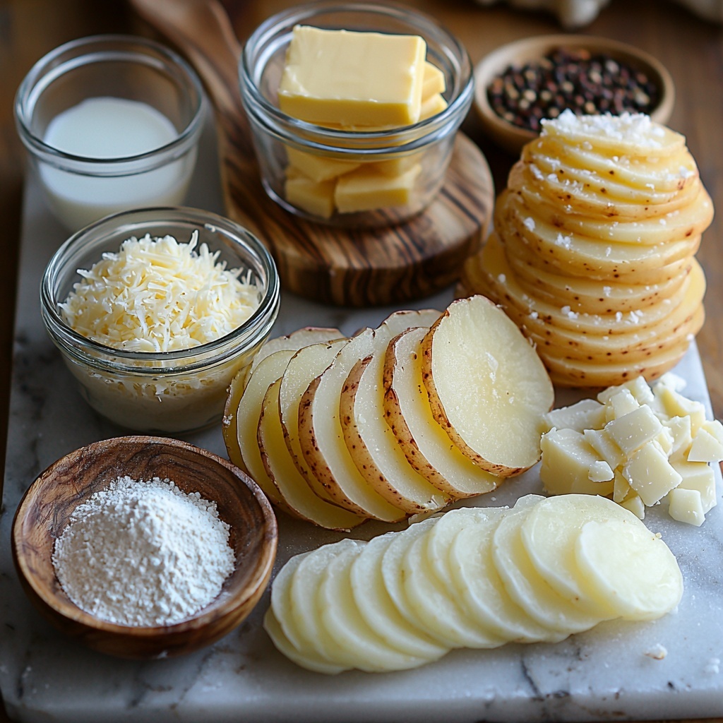 Red potatoes whole and thinly sliced into translucent discs, arranged in neat small stacks; a medium onion thinly sliced into delicate rings fanned out beside the potatoes; three tablespoons of golden butter in a small vintage glass bowl; a wooden spoon resting next to a small heap of pale all-purpose flour; a tiny ceramic bowl with bright yellow dry mustard powder; a glass measuring cup filled with creamy white milk; a small rustic bowl of shredded sharp orange cheddar cheese; another bowl containing pale ivory shredded gruyere cheese; salt crystals and black peppercorns lightly scattered around on a clean white marble surface; soft natural light highlighting the varied textures—the smooth potato skins, the layered onions, creamy dairy, and powdery spices; subtle shadows creating depth; minimal props to keep focus on the vibrant colors and fresh ingredients; overhead shot, top down view, flat lay photography, professional food styling --ar 1:1 --q 2 --s 750 --v 6.1