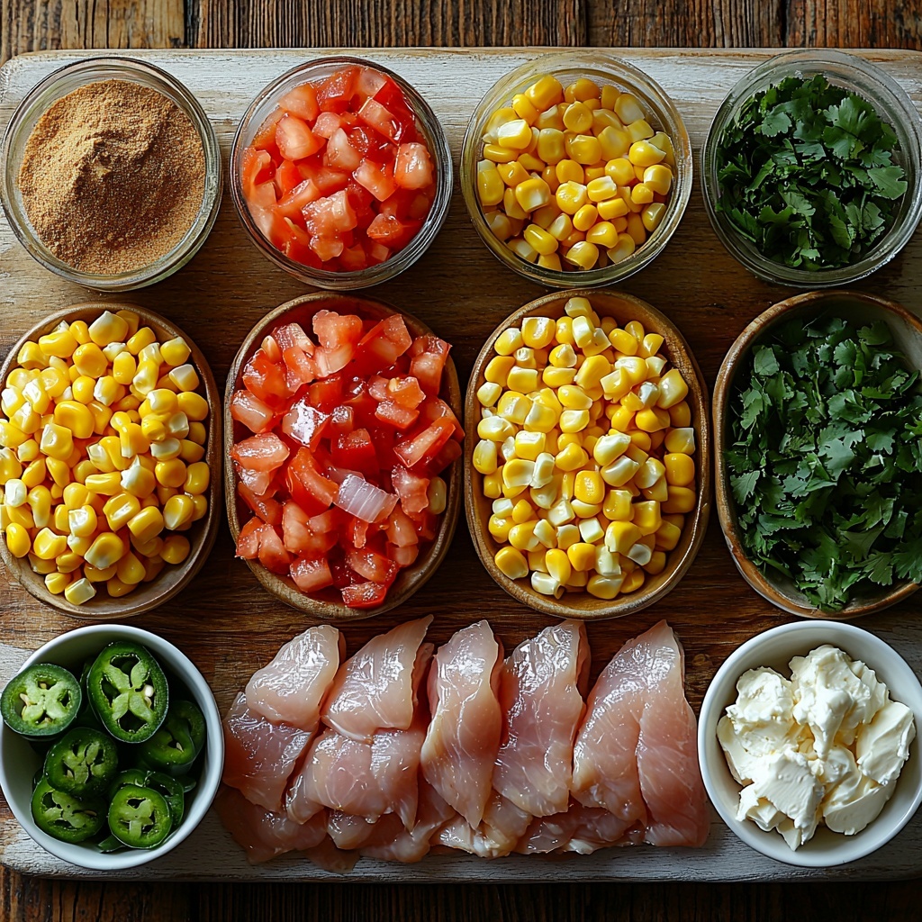 boneless skinless chicken breasts raw, Great Northern beans in small white bowls, reduced sodium chicken broth in a clear glass measuring cup, diced yellow onion in a rustic ceramic bowl, mild diced green chilies in a small white ramekin, canned petite diced tomatoes drained on a white plate, creamed corn in a textured bowl, fresh jalapeño sliced with seeds removed, minced garlic cloves on a wooden spoon, a chicken bouillon cube on parchment paper, small piles of ground cumin, chili powder, ancho chili powder, salt, smoked paprika, and dried oregano arranged in neat lines on a slate board, cornstarch in a small glass bowl, softened cream cheese on a wooden spreader, fresh cilantro sprigs with vibrant green leaves scattered artistically. All ingredients arranged meticulously on a clean light wood surface with natural soft daylight, subtle shadows adding depth, pops of vibrant greens and reds contrasting with neutral whites and creams, textures from smooth cream cheese to grainy spices visible, minimal rustic props like a wooden cutting board and linen napkin enhancing warmth and authenticity, overhead shot, top down view, flat lay photography, professional food styling --ar 1:1 --q 2 --s 750 --v 6.1
