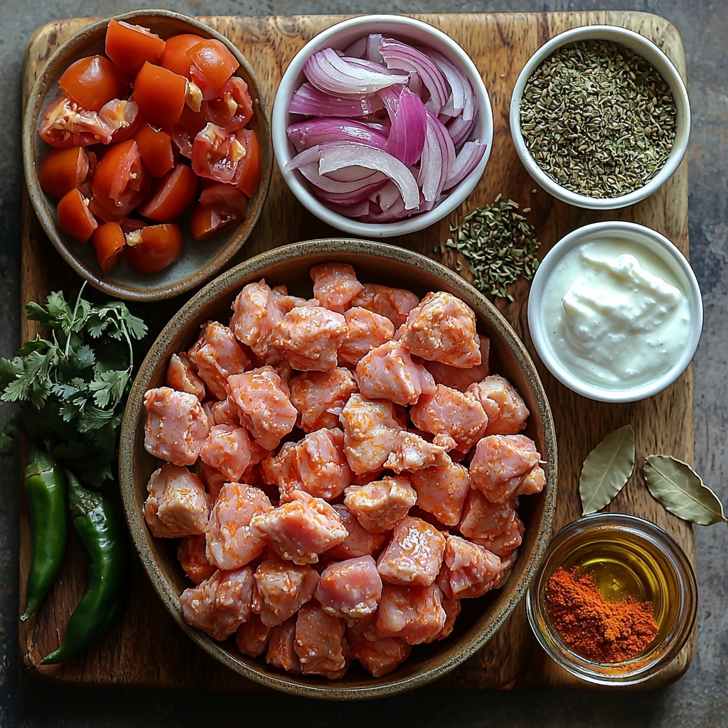 A flat lay of the main ingredients for Chicken Do Pyaza artfully arranged on a clean, light wooden surface. Include 500 grams of raw chicken pieces (bone-in and boneless) placed in a small rustic bowl showing the pinkish texture and marbling. Around it, 4 large onions: 2 roughly chopped with visible layers and crisp white-purple hues, and 2 thinly sliced in delicate rings fanned out on a wooden board. A small white bowl of smooth, pale creamy yogurt sits nearby. Two medium ripe tomatoes, one whole and one pureed into a vibrant red paste in a ceramic dish. Small white bowls containing golden cumin seeds, bright red chili powder, warm yellow turmeric powder, brown coriander powder, and a sprinkle of garam masala. A fresh green sprig of coriander leaves with fine serrated edges adds a pop of color. Two slender fresh green chilies with a glossy skin are slit and placed on a small plate. A tablespoon each of ginger and garlic paste presented as creamy pale dollops on a minimalist spoon. A single shiny dried bay leaf lays flat near a pool of golden oil or ghee in a small glass ramekin. The composition is balanced, textures contrast from smooth to coarse, colors vibrant and natural with soft daylight highlighting freshness. Styled with minimal props, linen cloth edges peeking subtly, overhead shot, top down view, flat lay photography, professional food styling --ar 1:1 --q 2 --s 750 --v 6.1