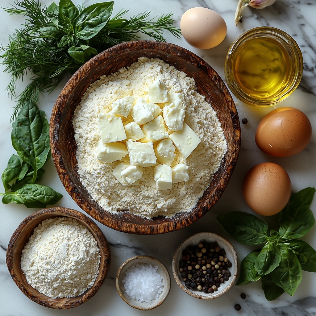 3 cups all-purpose flour in a wooden bowl with a rustic texture, 1 cup warm water in a clear glass measuring cup showing condensation, 3 tablespoons golden olive oil in a small ceramic dish, 1 packet of dry yeast unopened in paper packaging, 1 teaspoon sugar and 1 teaspoon salt in vintage metal measuring spoons, a bunch of fresh, bright green chopped spinach scattered loosely on the surface, 200g crumbled white feta cheese arranged in a small mound on a wooden board, finely chopped translucent onion and minced garlic placed side by side on a small white plate, 2 tablespoons finely chopped fresh dill and parsley mixed together with vibrant green hues, 1 beaten egg in a glass bowl showing the glossy, rich yellow yolk and whites, coarse black pepper cracked and sprinkled artistically nearby; all ingredients are carefully spaced and styled on a smooth clean white marble countertop with natural soft lighting casting gentle shadows, a few sprigs of herbs used as garnish to add freshness and contrast, minimalist aesthetic emphasizing the variety of textures from powdery flour to crumbly feta and leafy greens, overhead shot, top down view, flat lay photography, professional food styling --ar 1:1 --q 2 --s 750 --v 6.1