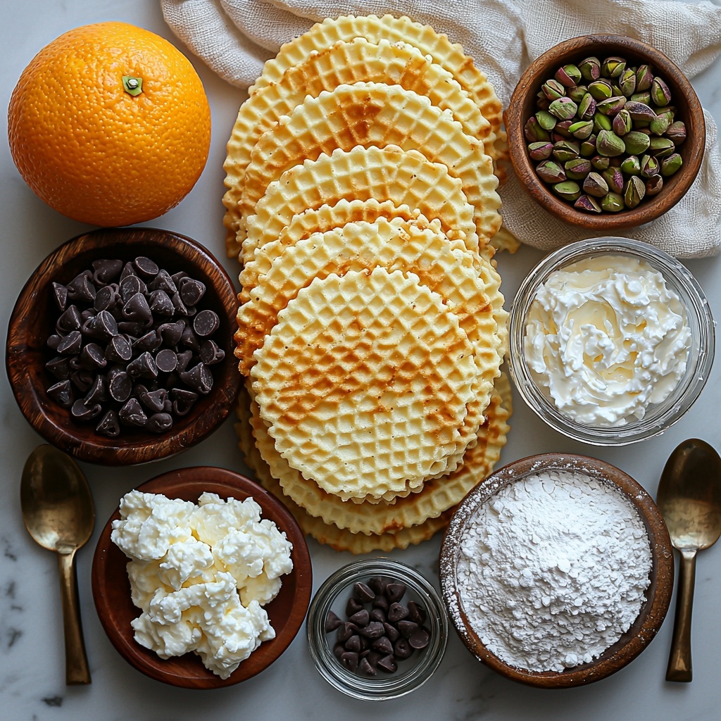 Flat lay of main ingredients for Chocolate Cannoli Pizzelle Sandwiches arranged neatly on a clean white surface: 12 thin, round, intricately patterned golden pizzelle cookies stacked and fanned out; a small rustic bowl of creamy white ricotta cheese next to a matching bowl of smooth, pale mascarpone cheese; a small heap of fine white powdered sugar dusted lightly nearby; a clear glass jar with glossy dark mini chocolate chips spilling slightly; a small pile of finely chopped vibrant green pistachios; a bright orange with fresh orange zest curls scattered artfully; a tiny glass dish with pale golden vanilla extract; textures contrasting between the crisp pizzelle cookies, the creamy cheeses, the powdery sugar, crunchy pistachios, and glossy chocolate chips; warm natural lighting with soft shadows emphasizing textures; styled with a few vintage silver spoons and a light linen napkin gently folded on the side; overall clean, fresh, inviting composition focused on color contrast and texture harmony — overhead shot, top down view, flat lay photography, professional food styling --ar 1:1 --q 2 --s 750 --v 6.1