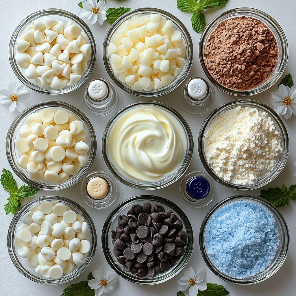 White chocolate chips in a small glass bowl, creamy heavy whipping cream in a clear measuring cup, a small bottle or shot glass of vibrant blue curaçao liqueur, a tiny glass vial of pure vanilla extract, a shallow dish filled with sparkling blue sanding sugar, alternative bowls holding powdered sugar, shredded coconut, and cocoa powder for texture contrast; all ingredients neatly arranged on a clean, bright white surface with soft natural light creating gentle shadows; subtle sprigs of fresh mint or delicate white flowers add freshness; composition balanced with varying bowl sizes and textures, showcasing glossy chocolate chips, smooth cream, crystalline sanding sugar, and powdery alternatives; minimalistic, elegant styling emphasizing the cool blue and white color palette, crisp focus, and inviting textures — overhead shot, top down view, flat lay photography, professional food styling --ar 1:1 --q 2 --s 750 --v 6.1