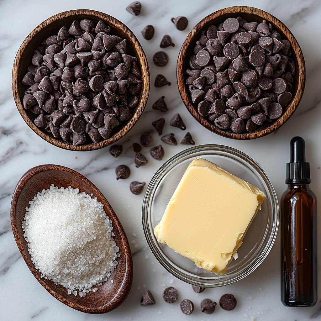 butter stick softened, small glass bowl of keto-friendly confectioners sugar, vanilla extract bottle dropper, small dish of kosher salt crystals, heap of finely ground almond flour, handful of glossy keto-friendly dark chocolate chips scattered, all ingredients arranged neatly on a clean white marble surface with soft natural light, subtle shadows enhancing texture, rustic wooden spoon resting beside almond flour, minimalistic style with a touch of warmth, crisp and sharp focus, overhead shot, top down view, flat lay photography, professional food styling --ar 1:1 --q 2 --s 750 --v 6.1