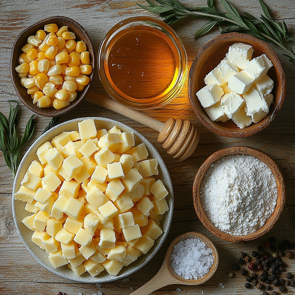 4 cups bright yellow corn kernels, fresh and plump, scattered loosely alongside a small vintage bowl of golden unsalted butter chunks; a small glass dish filled with rich amber honey catching the light; a creamy white half-cup of heavy cream in a clear measuring cup; a rustic ceramic spoon heaped with soft, smooth cream cheese; a small white ramekin with fine white salt crystals; a tiny bowl of freshly ground black pepper showing dark specks; and a pinch of vibrant red cayenne or smoked paprika powder on a minimal white plate, all arranged neatly on a clean, light wooden surface with natural soft daylight casting gentle shadows. The colors pop against the neutral background, highlighting the creamy textures, glossy honey, and grainy spices, styled with minimal greenery sprigs for freshness. Overhead shot, top down view, flat lay photography, professional food styling --ar 1:1 --q 2 --s 750 --v 6.1