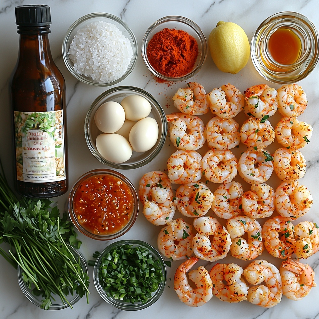 fresh peeled shrimp, breadcrumbs (panko), finely chopped green onions (scallions), minced garlic cloves, large whole egg, creamy mayonnaise in a small glass bowl, Worcestershire sauce bottle, fresh chopped parsley sprigs, bright red paprika powder sprinkled lightly on white surface, coarse salt crystals and freshly ground black peppercorns scattered artfully, small glass bowl with vegetable oil, small bowl with dipping sauce ingredients: mayonnaise, ketchup, lemon wedge, and a tiny dish of hot sauce; all ingredients neatly arranged on a clean white marble countertop with natural soft lighting highlighting textures – the shrimp showing subtle pink translucence, panko breadcrumbs adding a rough, crunchy texture, vibrant green onions and parsley providing fresh pops of color, smooth creamy mayonnaise contrasting with coarse spices, garlic cloves displaying fine minced detail; wooden spoon, small bowls, and sprigs add rustic charm, delicate shadows for depth; overhead shot, top down view, flat lay photography, professional food styling --ar 1:1 --q 2 --s 750 --v 6.1