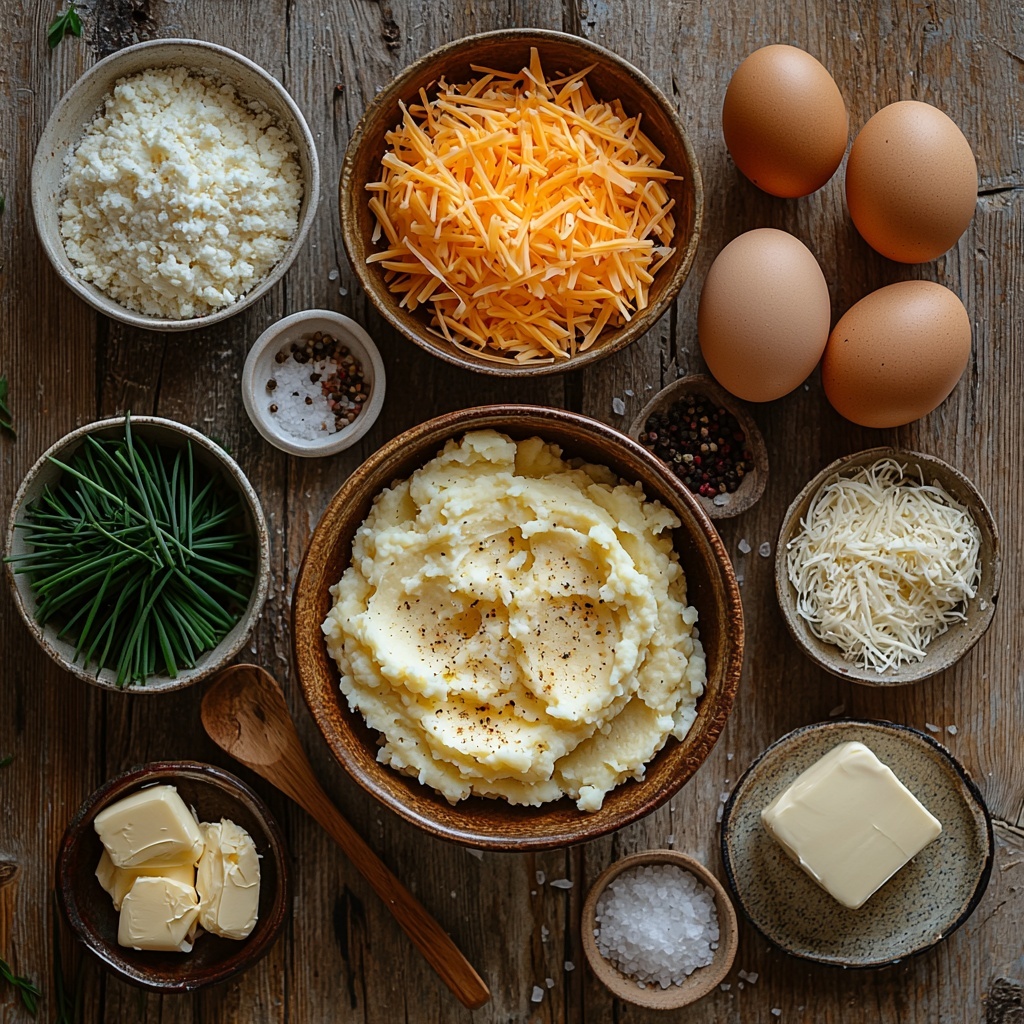 a clean, light wooden surface neatly arranged with main ingredients for crispy cheesy mashed potato puff bites: a rustic bowl of creamy, cold mashed potatoes with a soft, fluffy texture; two large brown eggs with smooth, glossy shells placed beside the bowl; a small clear glass bowl filled with bright orange shredded cheddar cheese showing fine strands; a smaller bowl of finely grated pale ivory parmesan cheese with a slightly granular texture; a small heap of vibrant green chopped chives with delicate, thin slices; small wooden spoons holding coarse salt crystals and freshly cracked black pepper; a vintage butter knife resting next to a pat of creamy butter; natural daylight casting soft shadows enhancing the warm, inviting color palette of whites, yellows, and greens; all items spaced evenly to create visual balance and harmony, styled with minimal props to highlight freshness and simplicity — overhead shot, top down view, flat lay photography, professional food styling --ar 1:1 --q 2 --s 750 --v 6.1