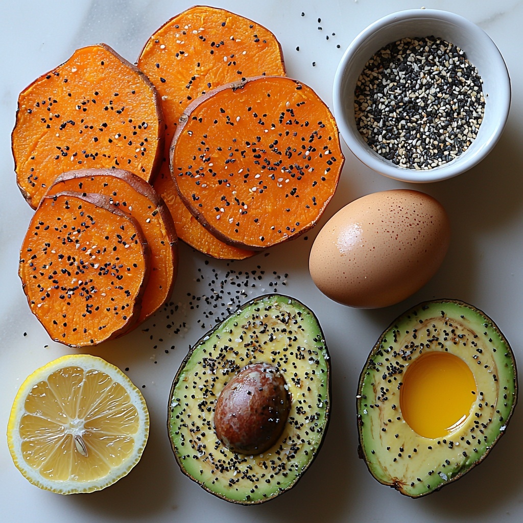 Sweet potato slices, crisp and vibrant orange, arranged in a neat row on a clean white surface; two whole brown eggs beside them, one cracked open revealing a bright yellow yolk in the shell; a ripe avocado halved, with rich green flesh and dark textured skin, one half scooped with creamy mashed avocado in a small white bowl; a small sprinkle of everything bagel seasoning scattered artistically around, showing black, white, and sesame seed specks; a tiny dish of bright red pepper flakes adding a pop of color; a fresh lemon wedge with vivid yellow and glossy surface; coarse sea salt and cracked black pepper grains delicately placed nearby. The composition is balanced and airy, emphasizing natural textures—the smooth creaminess of avocado, the crispy edges of sweet potato, and the glossy surface of eggs—with soft, natural lighting casting gentle shadows for depth. The background is minimalist, clean, and bright to highlight the vibrant colors and freshness of ingredients. Overhead shot, top down view, flat lay photography, professional food styling --ar 1:1 --q 2 --s 750 --v 6.1