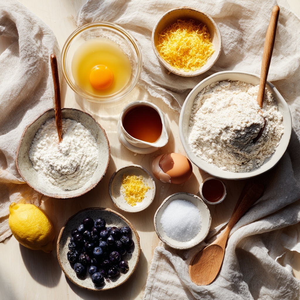 flour in a glass bowl with a wooden spoon, small bowl of baking powder, baking soda, and salt neatly scooped, grated lemon zest sprinkled over a mound of white sugar in a small dish, two fresh eggs cracked open next to a bowl of glossy stiff egg whites, another bowl with smooth buttermilk and vanilla mixture, a small jug of melted golden butter, a cluster of vibrant frozen wild blueberries on a rustic ceramic plate, a halved bright yellow lemon with one half showing fresh juice droplets, a small glass container of rich amber maple syrup, pinch of coarse salt displayed on a tiny white dish; all ingredients arranged on a clean natural wood surface with soft, natural morning light casting gentle shadows, styled with delicate linen napkin folds and minimal props to highlight textures and colors, overhead shot, top down view, flat lay photography, professional food styling --ar 1:1 --q 2 --s 750 --v 6.1